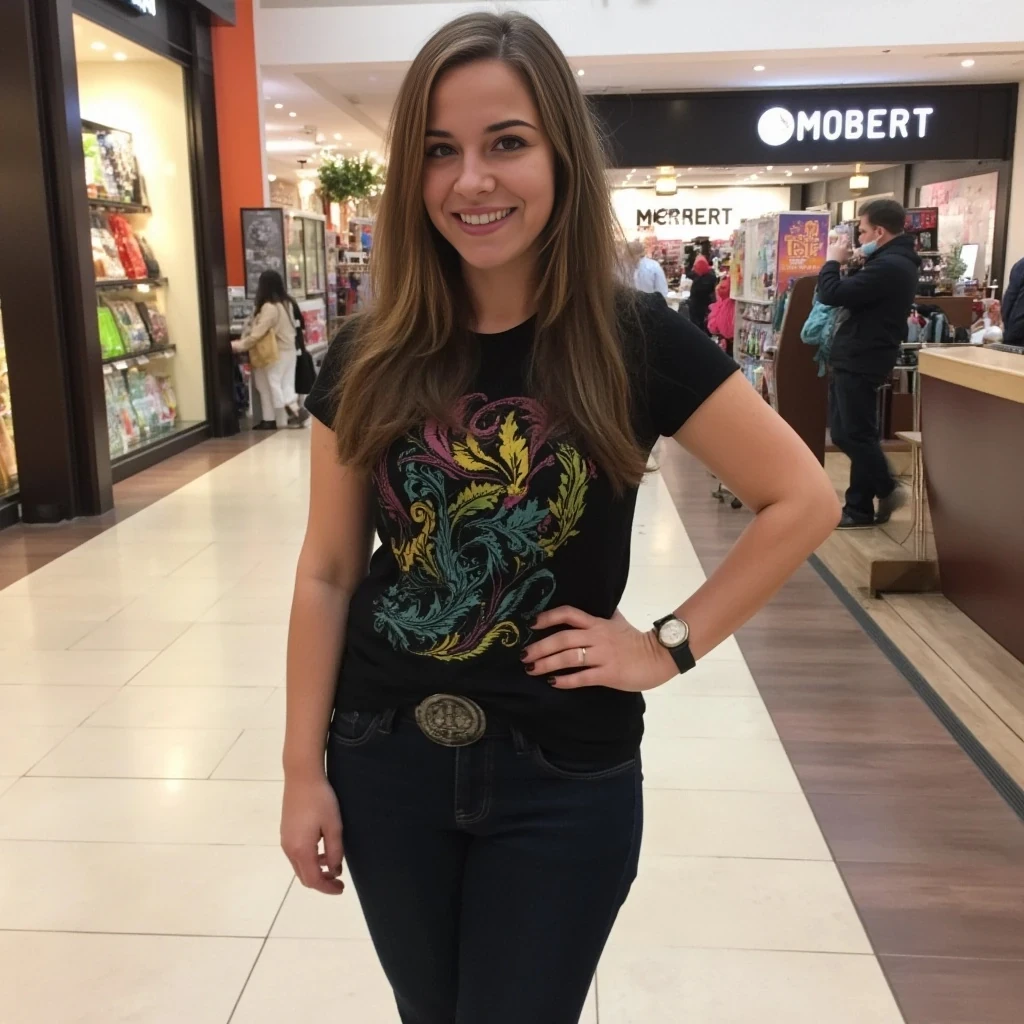 boring low quality snapchat photo circa 2015, average looking woman, full outfit, standing, soft light brown hair, mall background