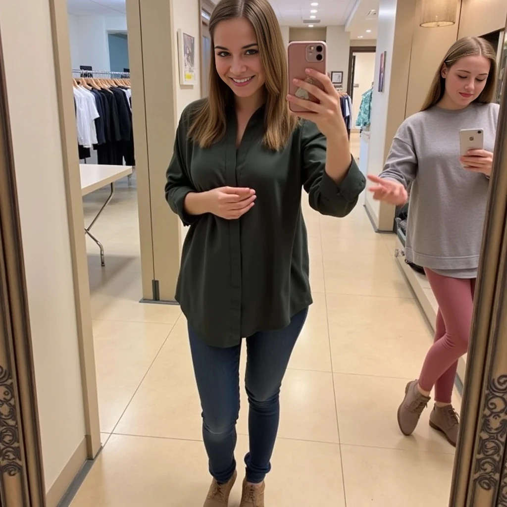 boring low quality snapchat photo circa 2015, average looking woman, full outfit, standing, soft light brown hair, mall background