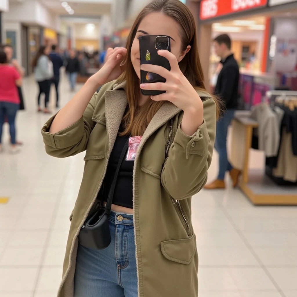 boring low quality snapchat photo circa 2015, average looking woman, full outfit, standing, soft light brown hair, mall background