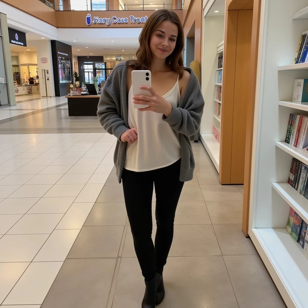 boring low quality snapchat photo circa 2015, average looking woman, full outfit, standing, soft light brown hair, mall background