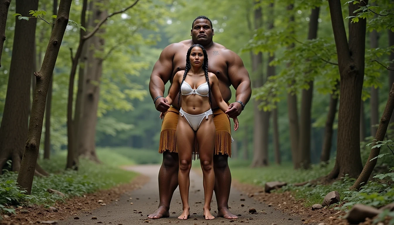 photo of woman CSTMDL, a medium shot photo of, a slim woman, her full body is in the scene, she has a slender petite build with petite small boobs and a flat chest, she has small dark skin nipples with long pointy nipple ducts and small dark skinned areolas, her hair is styled with two long braids she has eagle plumes in her hair, she is not wearing earrings, she is wearing daisy duke denim booty shorts, she is wearing a native American style vest in a golden yellow color over top of her underwear, she is holding her vest open exposing her strapless bra, her bra is a strapless white lace bra, she is wearing white lace panties, she is wearing ankle height smoked hide moccasins, natural lighting, natural light, amateur photography, shot on an iPhone, she is standing with her legs spread wide apart in a densely wooded forest, she is maintaining intense eye contact with the camera, there is a giant native American fat man twice her height standing up directly behind her holding onto the woman's pantie line, the man is holding her up suspended in the air in front of him, the man is a real giant, public setting, Hyper realism, ultra-sharp focus, highly detailed, natural lighting, natural light, amateur photography,