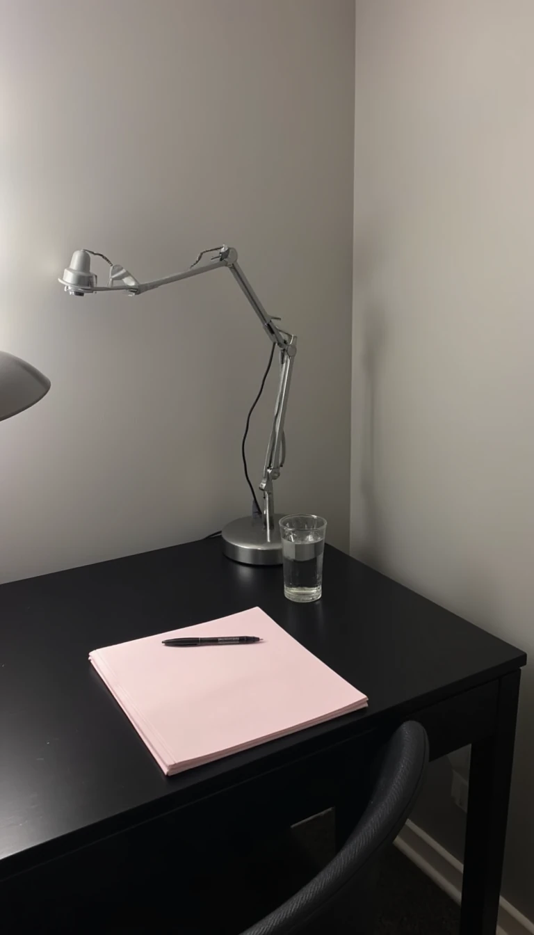 boring low quality snapchat photo circa 2015, this picture is being taken of a black desk in the corner of a room touching the grey walls to the right of the desk and behind the desk. The desk has a light pink note book, an all black pen and a glass of water on it. Their is an a silver lamp on the desk.