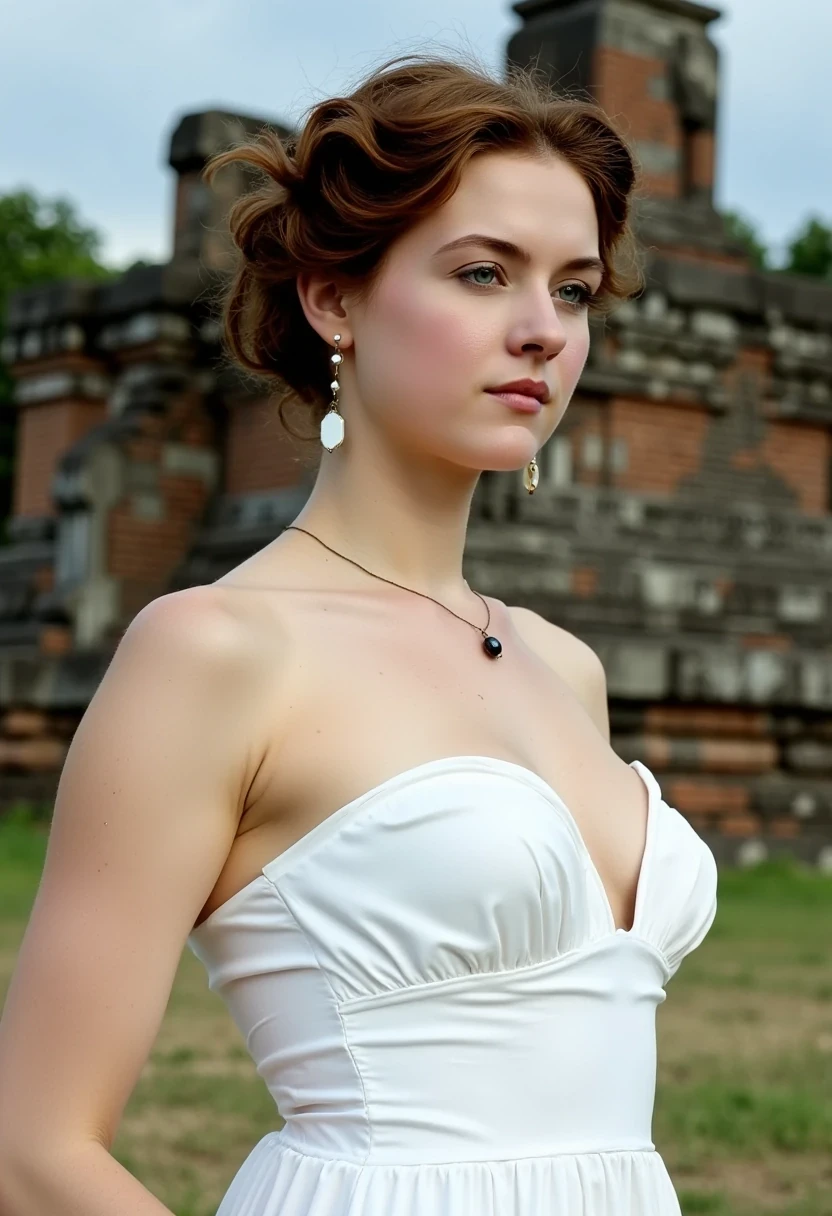 woman CSTMDL, photo ((medium)), brunette, blue eyes, cold smile, 1900 white dress, small pendant, tied hair, big breast, cambodian khmer ruins in background