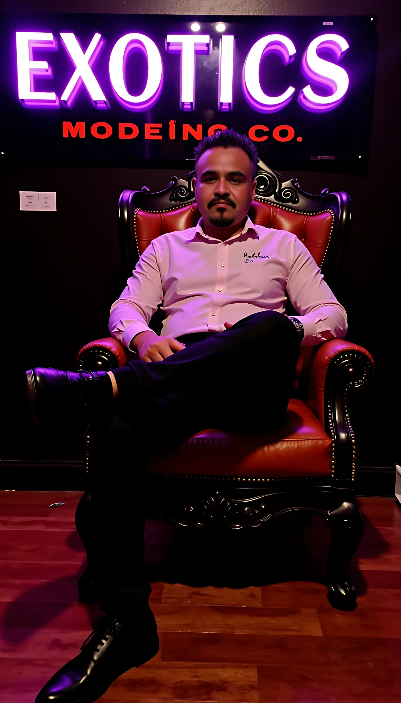 Man average body wearing a Burberry dress shirt and a Rolex watch  and black jeans and  Burberry shoes shoes seating leg crossed on a king’s chair with a neon sign saying EXOTICS MODELING CO. on the background 