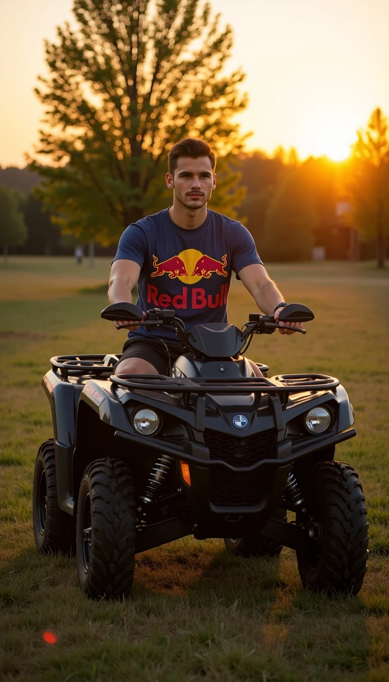 Photorealistic full-body photo of a young handsome man, he wears redbull t-shirt, black shorts, black sneakers, He is sitting on a Can Am Outlander quad bike, the setting is a meadow, with trees and a sunset in the background.


Lifestyle influencer aesthetic, cinematic realism, ultra-detailed, 8K
The photo feels cinematic, influencer-style, high quality, professional composition.
Well lit picture, Style: Photorealistic Lighting: studio lighting 
Details: Bright Lighting, High Detail, 4K
he stand infront of camera , photoghraped by a photograph
