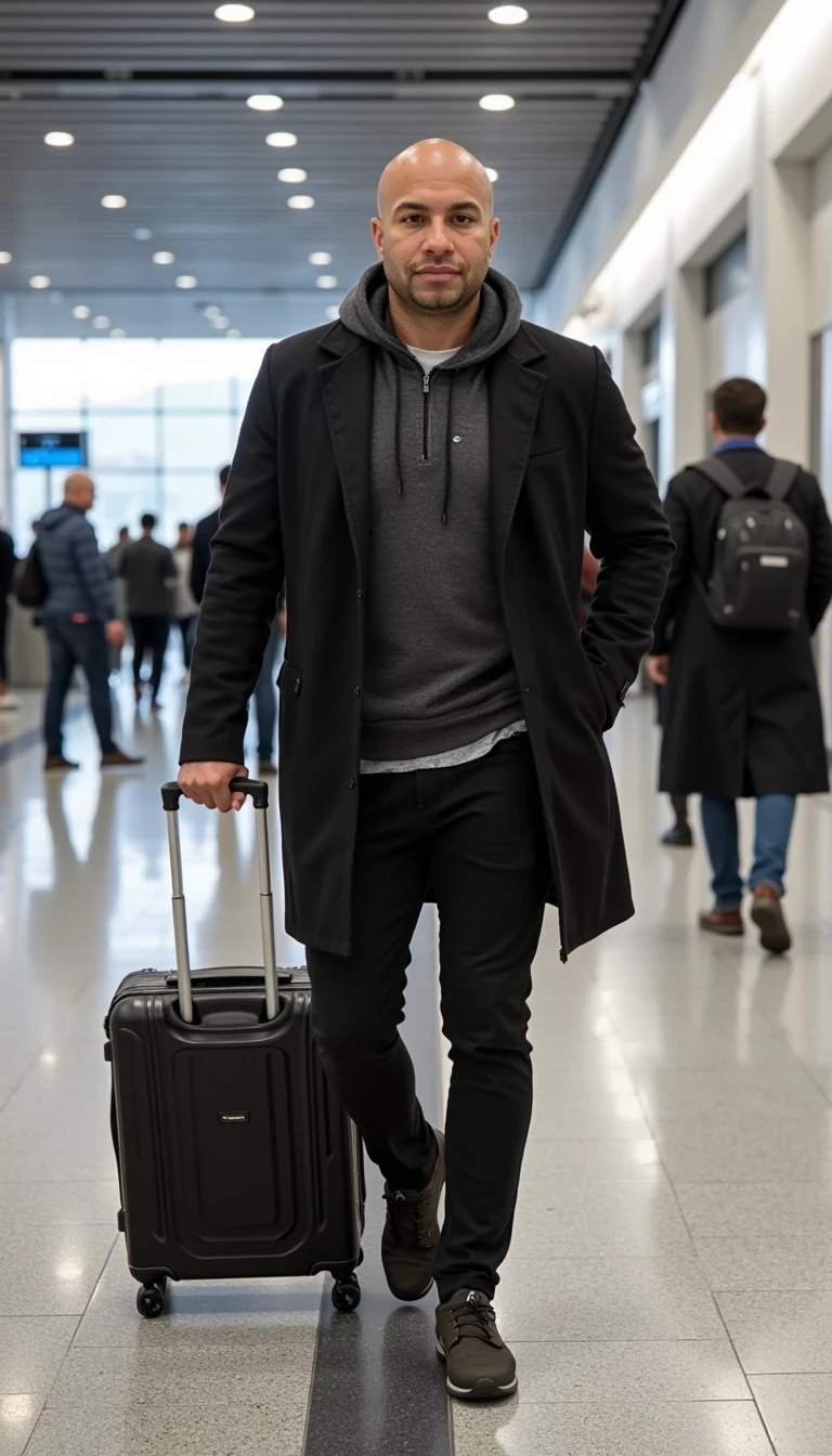 walking in the airport, CSTMDL, real proportions, bald, authentic model, exact facial look and body of AM 2.0, handsome