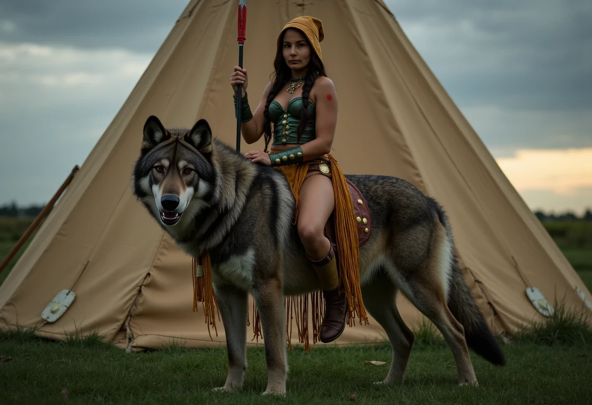 Medium shot photo of a beautiful, 5 foot 8 inch tall, 25-year-old native American woman  warrior posing stoically in front of a large native American plains style tipi. Set under dim natural sunrise light. The sun has barely begun to peek over the horizon. The image has a dull color palette, with the greenery of the ground around the tipi being dark green and browns cast with shadows and dull gray sky meets the sunrise on the horizon enhancing the moody atmosphere. The woman, who is Native American in appearance, has a slender athletic build and petite tiny A-cup almost flat breasts. She is wearing a top that consists of two real snapping turtle shells shaped like turtle shells with a defined rigid esthetic exterior on the surface in a dark green palette, a turtle shell fitted over each breast, they only cover her nipples, her turtle shells are strung together only in the middle of her chest there are no strings on her shoulders to turn them both into a bra. They look rigid and tough. They are real turtle shells. She is wearing a golden smoked hide leather cowl that is yellow in color around her collar bone area that has a hood attached to it, she is wearing the the hood up and on her head. She is wearing a thick wide dark leather choker around her neck. She is wearing a smoked hide leather thong panties that are golden smoked hide yellow in color. She is wearing dark brown heavy leather vambraces with shiny brass plating on her forearms that go all  the way up to below her elbow and matching leather shinguards with shiny brass plating that go all the way up to below her knees. She is wearing a dark brown, thick, wide, leather kidney belt with circle disc brass plates as wide as the belt riveted around it's exterior from which a very short golden smoked hide leather fringe breechcloth is fitted to that is yellow in color. The fringe is so widely spaced so that you can still see what is underneath it, it drapes loosely overtop of her panties and down to just below her panties in length. It is widely spaced fringed you can still see her entire turtle shell bra and leather panties. She is wearing ankle height smoked leather moccasins on her feet that are yellow in color. Her outfit is adorned with shiny brass plating in various places throughout it. Her hair is Native American styled with 2 long braids with brass beads tied into them are hanging from out of her raised hood. She is a fierce sight, a confident capable warrior. She is riding on top of the back of a very large mighty dark Grey wolf. The wolf is so large it is stands twelve feet tall. The wolf has very long wavy fur and is wearing armor that matches it's rider on it's legs, neck, back, and face. There is a large amount of red warpaint on the wolf's chest and head. The wolf is snarling towards something off screen. The woman has her legs up, gripping the hind quarters of the large wolf and she is gripping onto the wolf's long fur near it's neck with her left hand. In her right hand is a steel spear with a small spear tip and long shaft which her hand is gripping. She is pointing the spear tip at the camera. The wolf is aggressive, standing standoffishly, ready to fight. The woman's panties are visible under her fringe breechcloth. The woman is looking directly at the camera stoically without any other expression. She has red warpaint streaked in one straight line along her cheekbones. There is no explicit nudity visible. Cinematic shooting style natural sunrise lighting. Romantic setting.