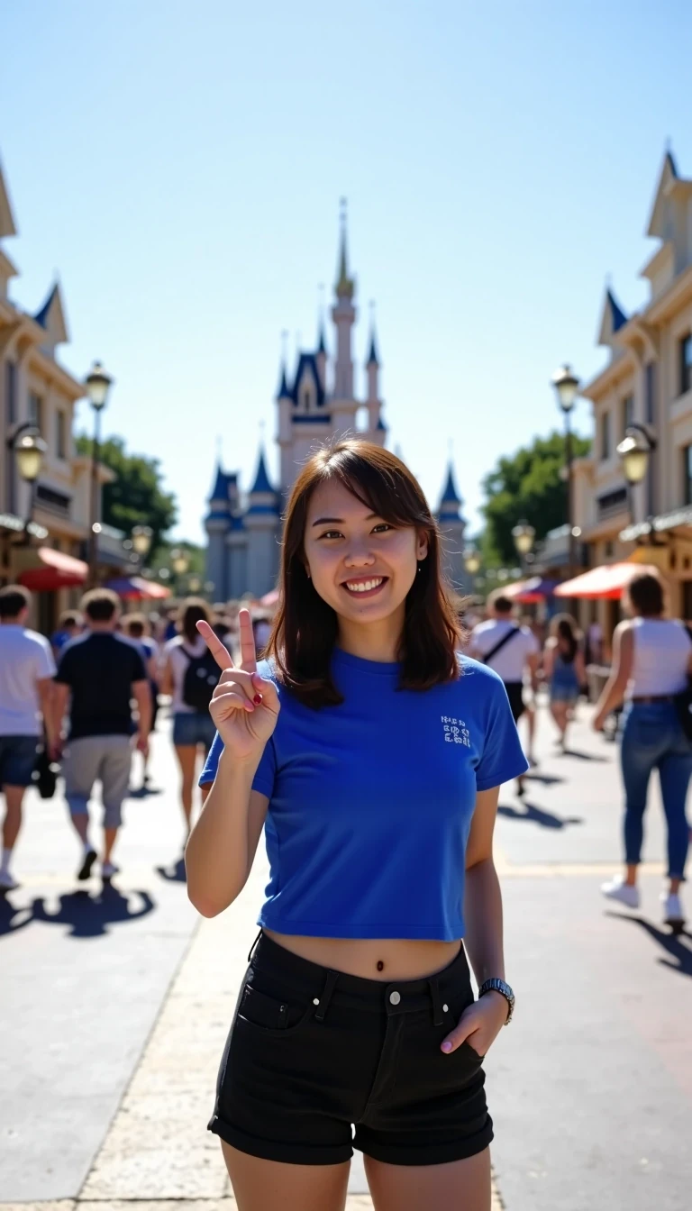 Use 30–40 steps with DPM++ 2M Karras or DPM++ SDE samplers for clean, realistic results.

A cheerful summer day at a busy theme park, with a wide, bustling street lined with classic, vintage-style buildings and lamp posts, leading up to a grand blue-and-gold fairytale castle in the distance. Bright midday sunlight with clear skies, producing vivid high color saturation and high contrast. The scene is illuminated with natural outdoor lighting, casting soft, minimal shadows due to the direct overhead sun. The lighting enhances skin tones and highlights architectural details, creating a vibrant, cheerful atmosphere typical of a summer afternoon at a theme park. Crowds of joyful parkgoers stroll along, some carrying colorful Mickey Mouse balloons. 

In the foreground stands [An unaware] a smiling young East Asian women wearing a royal blue cropped T-shirt and excessively, skin-tight and extremely short tight black short-shorts.

flashing a peace sign with one hand, radiating happiness and youthful energy. Shot in ultra-photorealistic quality, with perfect skin tone rendering, high-resolution detail, and balanced exposure—ideal for a travel or theme park promotional shoot. 85mm lens, f/1.4, shot on Canon EOS R5, cinematic grading, photoreal, 8K UHD, Raytraced lighting, V-Ray, no CGI, DSLR photo look, no illustration
No plastic skin, no CGI, no smoothing, no stylized art, no blur, no fake symmetry, no anime”
