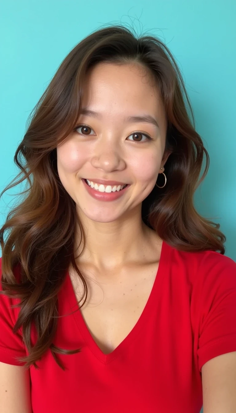 Selfie of of  CSTMDL, An 23-year-old girl with brown hair and hazelnut eyes, lightly tanned skin, extremely detailed skin, clean face, she is 5 inches tall,  Her face is oval-shaped with a soft jawline and high cheekbones, nose is small and straight, proportionate to her face, natural boobs cup under clothes.  
Sharp focus on facial features, High dynamic range, 85mm lens look


A vibrant portrait of a young woman with flowing hair and a radiant smile, positioned at a three-quarter angle against a soft turquoise background. Sexy sevage looking. She is wearing a red V-neck shirt that adds a pop of color and complements her lively expression. Her skin is flawless and glowing, exhibiting natural beauty with minimal makeup highlighting her features. The lighting is bright and even, resulting in a lively atmosphere that enhances her playful expression. She leans slightly toward the camera, embodying a friendly and approachable demeanor. The composition focuses on her face and shoulders, creating an intimate yet inviting portrayal. The overall style is modern and fresh, with a clean aesthetic that emphasizes simplicity and beauty.
