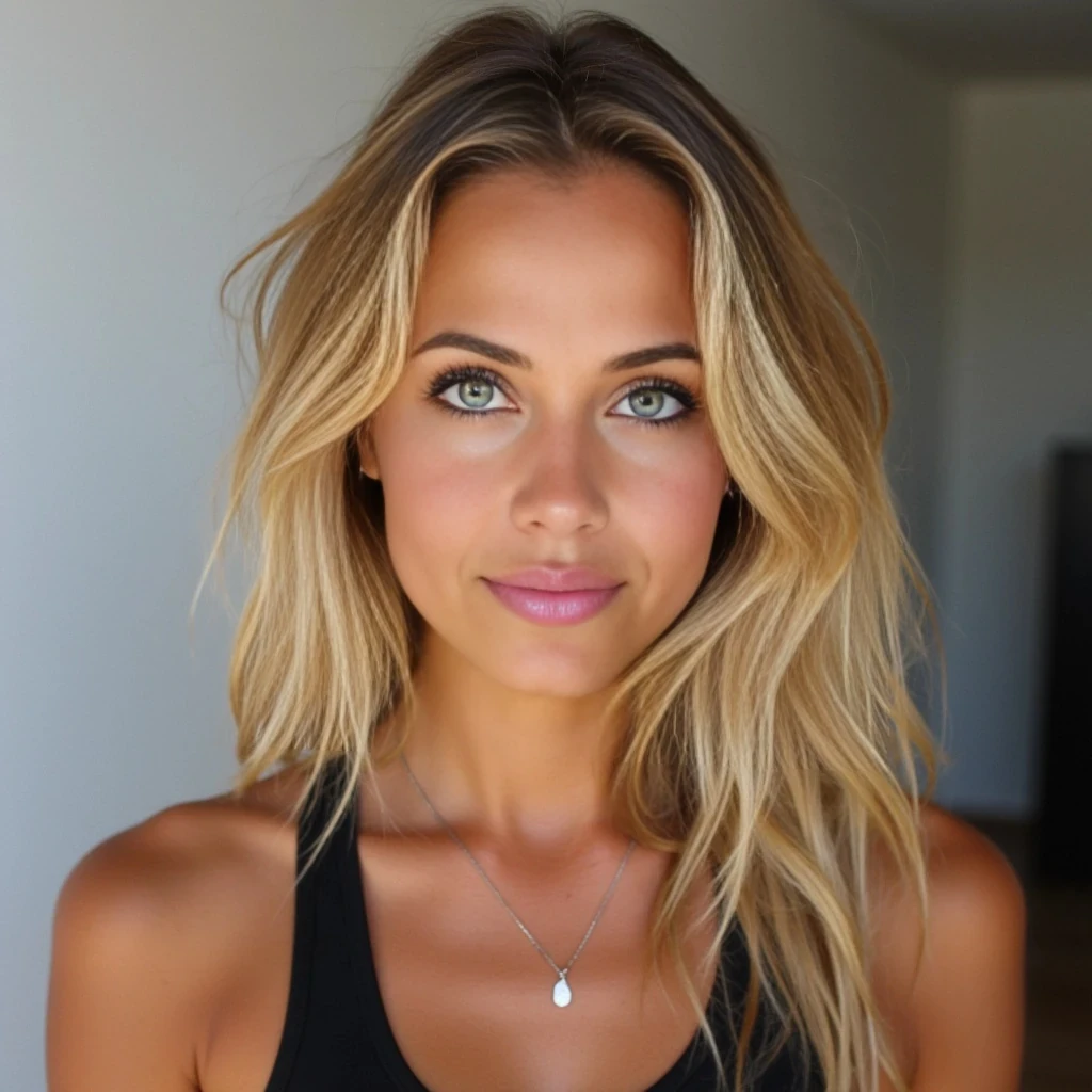 Portraits of a young woman in her late twenties with blonde wavy hair and green eyes. Athletic, toned and tanned. 