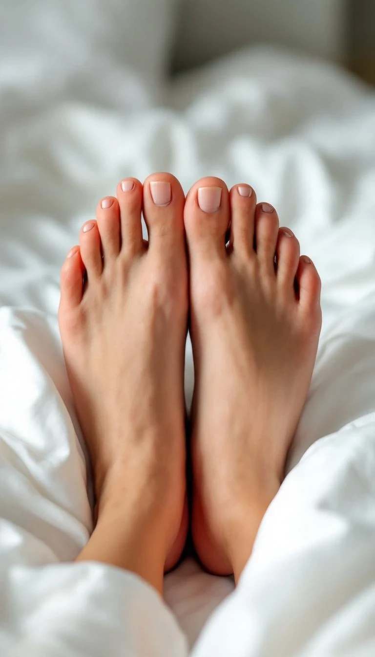 boring low quality snapchat photo circa 2015, A close-up photograph of a woman's feet, focusing on the soles, as she lies comfortably in her white bed sheets. The camera angle is positioned at the foot of the bed, capturing the bottom of her feet in sharp detail. The soft, white sheets gently wrap around her ankles and lower calves, creating a sense of coziness and relaxation. The lighting is natural and soft, illuminating the smooth skin of her feet and the crisp white fabric of the sheets. The background is slightly blurred, emphasizing the main subject - the woman's feet and the white sheets.