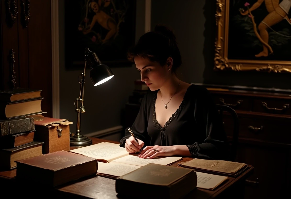 photo of woman CSTMDL, brunette, small pendant, no watch, no ring, hair tied, blue eyes, black night dress, working late night at her desk. The room is dark, the only light is a small art nouveau desk lamp.
She’s surrounded by a lot of old books and sheets of paper she worked on. Books are everywhere, they show Cambodian titles or English titles. She’s currently writing on a sheet with a beautiful vintage fountain pen.
She’s surrounded by her works in a beautiful art nouveau room with a Khmer piece of art in the background