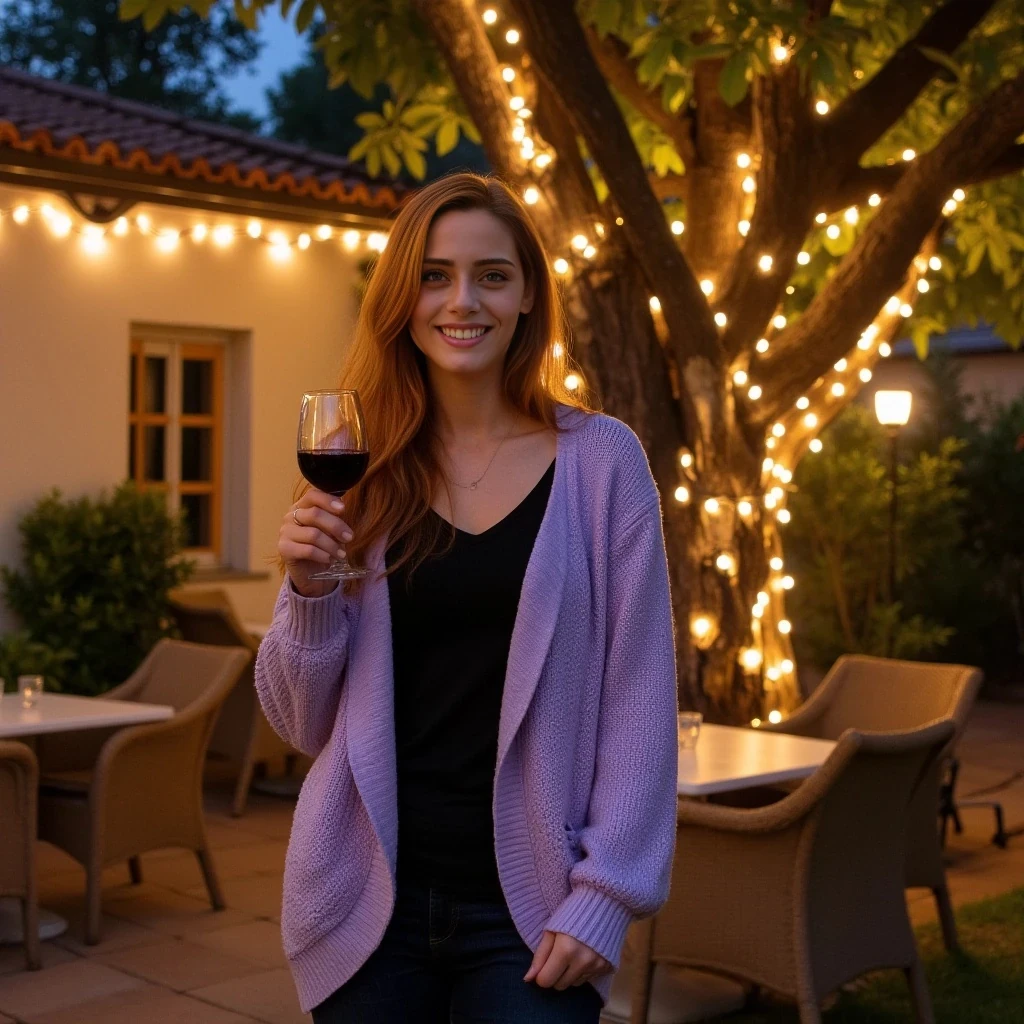 A full body shot photo of a woman standing outdoors at a cozy, warmly lit patio in the evening, with soft, glowing lights wrapped around a tree behind them creating a charming atmosphere. The image is rich in detail, with warm tones and clear textures throughout. The woman has fair skin, a slim build, and long reddish-blonde hair, also worn loose. She is smiling warmly at the camera, holding a glass of red wine in her right hand, and wears a soft-textured lavender cardigan over a black top. The background features a large tree with sparkling string lights wrapped around its trunk and branches, adding a magical touch to the scene. The setting suggests a private outdoor seating area, with elements like terracotta-tiled roofing, greenery, and rattan chairs contributing to a serene, inviting vibe. The overall composition is balanced, with the woman framed against the softly glowing tree, and the lighting enhances the warm, intimate feel of a quiet evening shared among friends. The details are vivid, with textures of clothing, skin, and background elements clearly visible, while the warm lighting creates a relaxed and joyful mood
