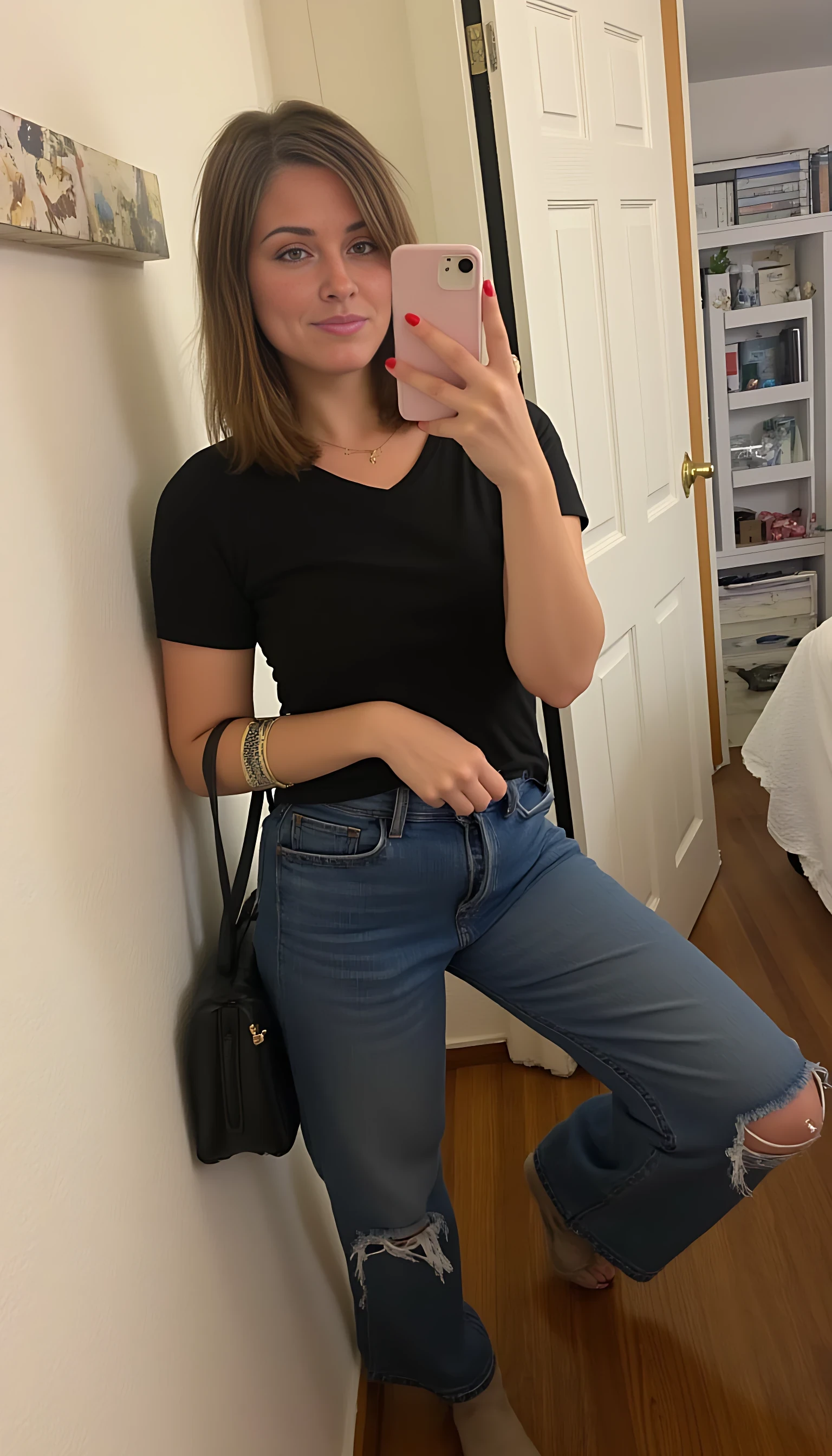 boring low quality snapchat photo circa 2015, cute woman, soft light brown hair, full outfit