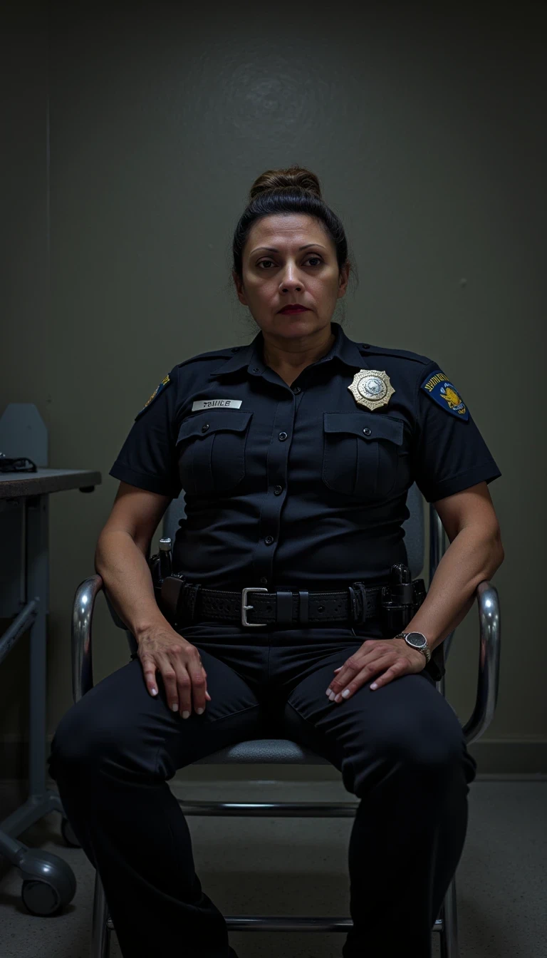 photo of woman CSTMDL, boring low quality snapchat photo circa 2015, a skinny woman police officer sitting in an interrogation room with a stern expression and large bulging breasts. The room is dimly lit, with a cold, industrial atmosphere. There is a metal table in front of her, reflecting some of the light. The woman officer is wearing modern police outfit with her breasts bulging and police tactical belt and has a serious yet composed demeanor. The camera flash is on, casting a dramatic shadow behind her against the plain walls. The sharp lighting creates high contrast, accentuating her huge breasts and the details of her uniform. The scene feels tense and focused, capturing the intensity of the moment