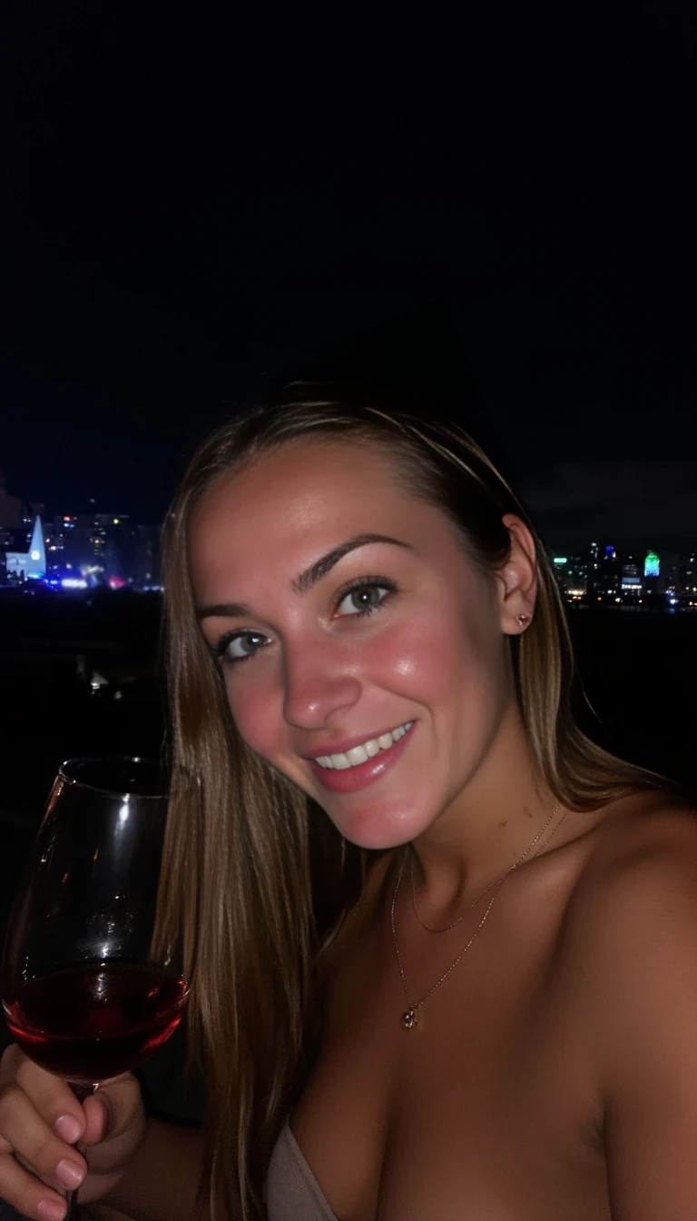 boring low quality snapchat photo circa 2015, A young woman with a warm smile, on a night out drinking wine while having an amazing view 