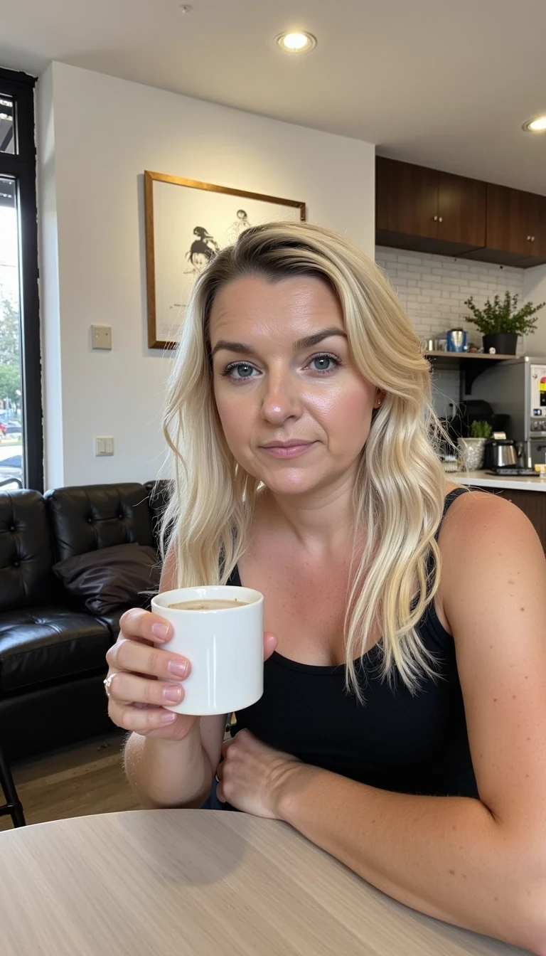 Snapchat-style CSTMDL white women with blonde hair holding a hot chocolate in a cafe