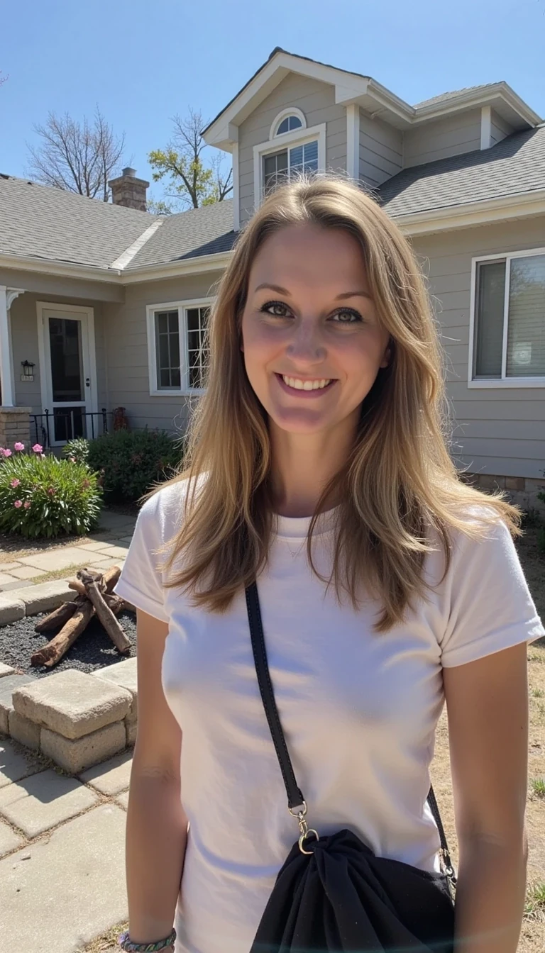 Photo of woman CSTMDL outside at beach house by fire pit