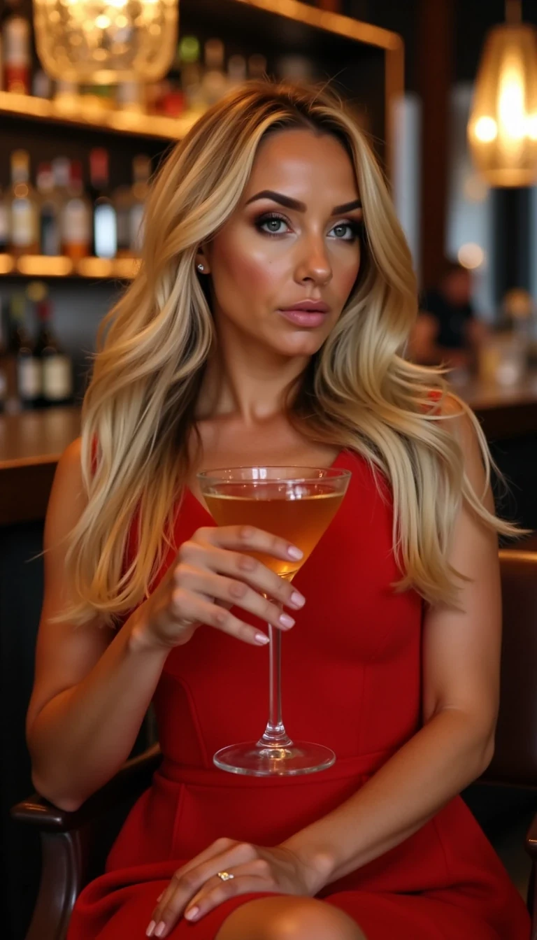CSTMDL with blonde hair sitting in a bar with a cocktail in a classy red dress