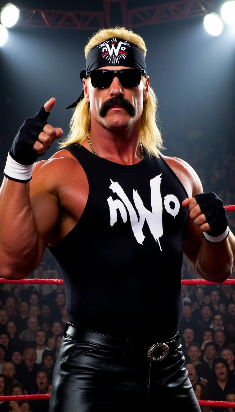 A hyper-realistic digital painting of Hulk Hogan in 1997 during his New World Order (nWo) era in WCW. He has a villainous expression and is wearing his classic black nWo bandana, black sunglasses, a black sleeveless shirt with the white 'nWo' logo, black leather pants, and black gloves. His iconic handlebar mustache is dyed black to match his heel persona. The background features a smoky wrestling arena with dramatic spotlighting and a roaring crowd in shadow. Hogan is doing his classic taunt pose, flexing one arm while pointing at the camera, exuding charisma and menace. Make the image cinematic, gritty, and detailed, with high contrast lighting and dynamic composition, like a promotional wrestling poster from the late '90s