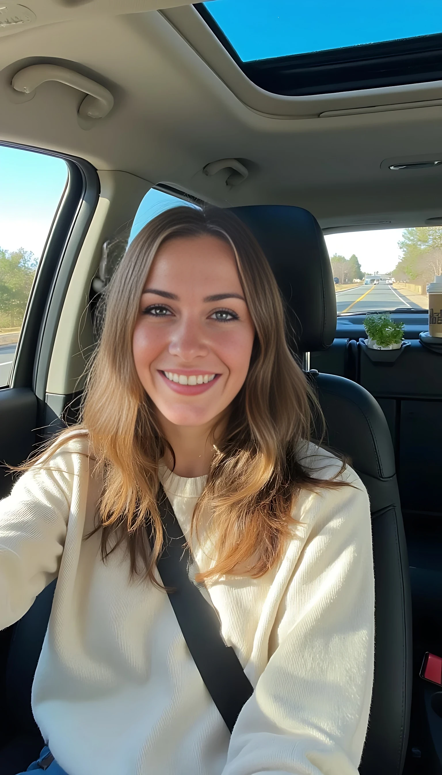 boring low quality snapchat photo circa 2015, A young woman with a warm smile, sitting in the driver's seat of a cozy car. She has soft, wavy brown hair cascading past her shoulders. The sunlight streams through the window, casting a gentle glow on her face. The interior of the car is neat and comfortable, with a coffee cup in the cup holder and a small plant on the dashboard. The background outside the window shows a scenic road lined with trees and blue skies