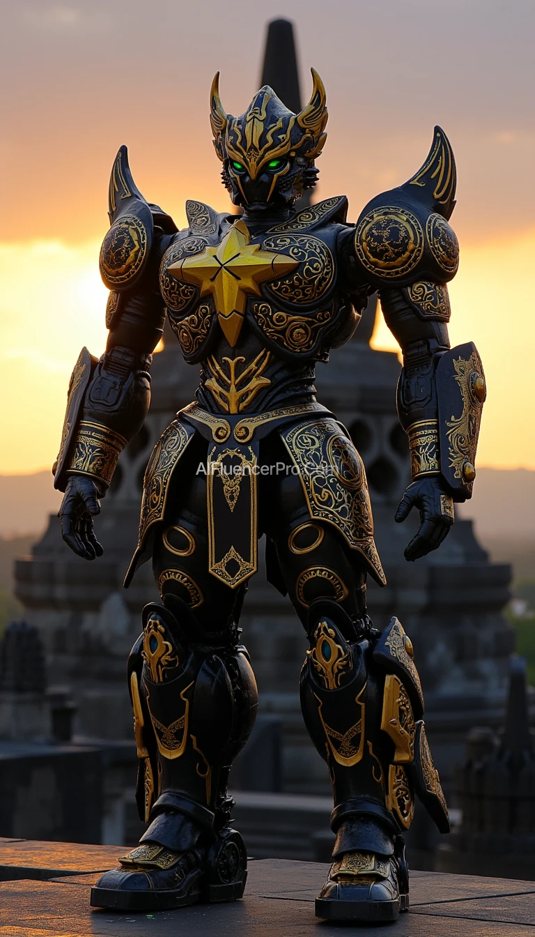 Transformers robot inspired by Gatotkaca in a full body view (from head to feet). The robot features predominantly black armor with intricate golden ornaments, giving it a strong and resilient appearance. Its helmet is shaped like kayonan (a Javanese design motif resembling leaves or trees, symbolizing the power of nature), with detailed circular patterns, reflecting Gatotkaca's iconic headgear. On its chest, there is a yellow eight-pointed star symbol, representing Gatotkaca's immense power and glory. The robot stands in front of the magnificent Borobudur Temple, with a dramatic sunset backdrop, creating a heroic atmosphere. Focus on the detailed armor textures, the star symbol on the chest, and the inclusion of Indonesian cultural elements.