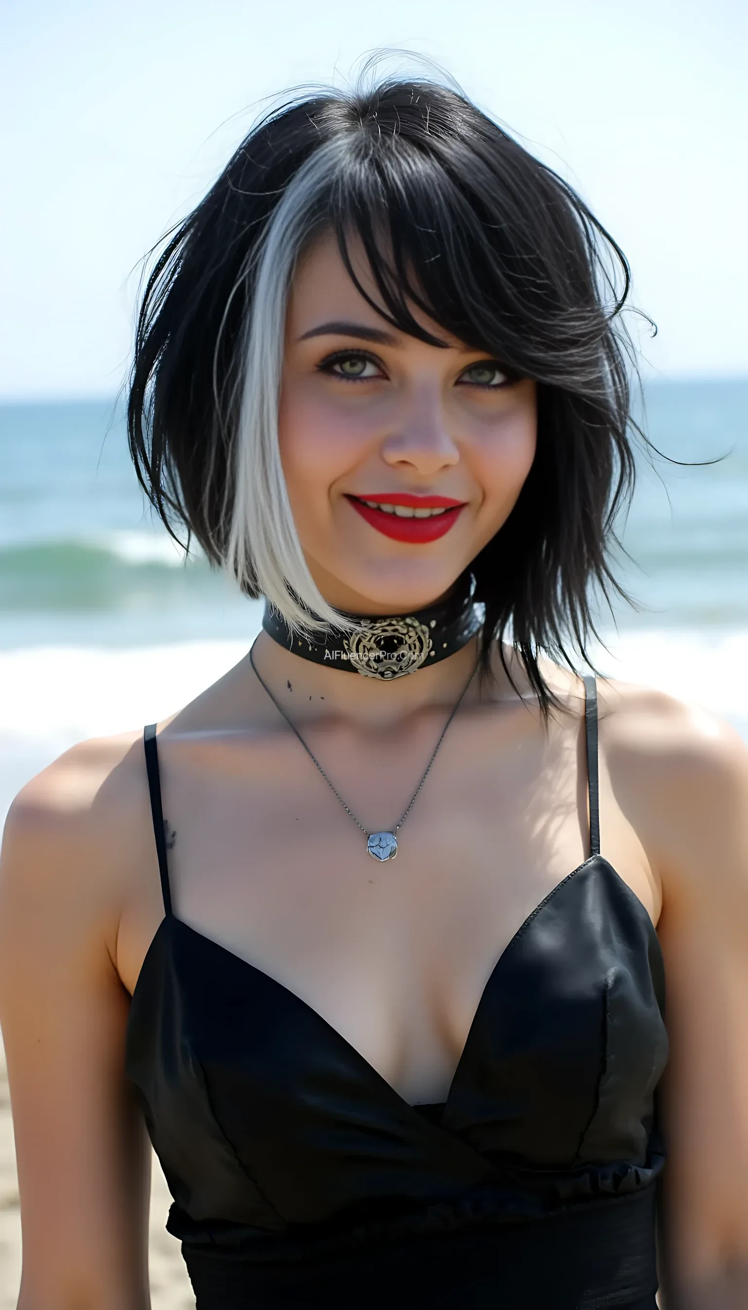 The image is a high-resolution photograph featuring a young 18 years old woman with a striking gothic style. She has a pale complexion and wears vibrant, deep red lipstick that contrasts sharply with her dark eyeliner and mascara, accentuating her large, expressive green eyes. Her hair is styled in an asymmetrical bob, with the left side  fully dyed black and the right side fully dyed white, creating a striking contrast, styled in a voluminous, very messy tousled bob with bangs that frame her face.
 She is wearing a sexy black that acentuates her big perfectly round breasts, she is at the beach, you can see the ocean in the backgound, she smiles to the camera,  low quality snapchat