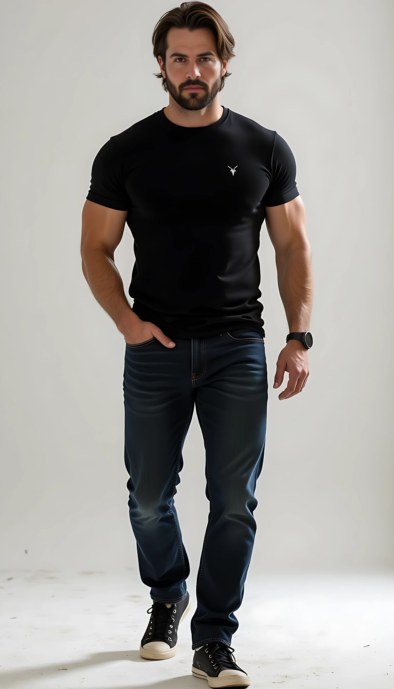 Create a character who exudes a commanding yet effortlessly relaxed presence. He is a tall, imposing figure standing at approximately 6'3" and weighing around 250 pounds of lean, well-defined muscle. His physique is powerful, with broad shoulders and muscular arms that are accentuated by a fitted black T-shirt. His dark denim jeans hug his thighs, emphasizing his strong, athletic build, and he wears casual tennis shoes that ground his look in an approachable, laid-back style.
His dark brown hair is styled with a modern edge: trimmed shorter on the sides, with longer, tousled strands on top that fall in an intentionally unkempt, "just rolled out of bed" manner, giving him a rugged yet effortlessly attractive appearance. His face is striking, with a straight nose and a chiseled, smooth jawline that occasionally twitches with a subtle tic, hinting at an underlying intensity or restlessness. His most captivating feature is his emerald eyes, so dark they seem to hold secrets, drawing attention with their depth and intensity.
He moves with a confident, unhurried ease, as if he has all the time in the world to reach his destination, exuding a sense of self-assuredness and control. His overall demeanor suggests a blend of strength, mystery, and casual charm, with an air of someone who is both approachable and enigmatic, leaving others curious about the story behind his piercing gaze and relaxed stride.