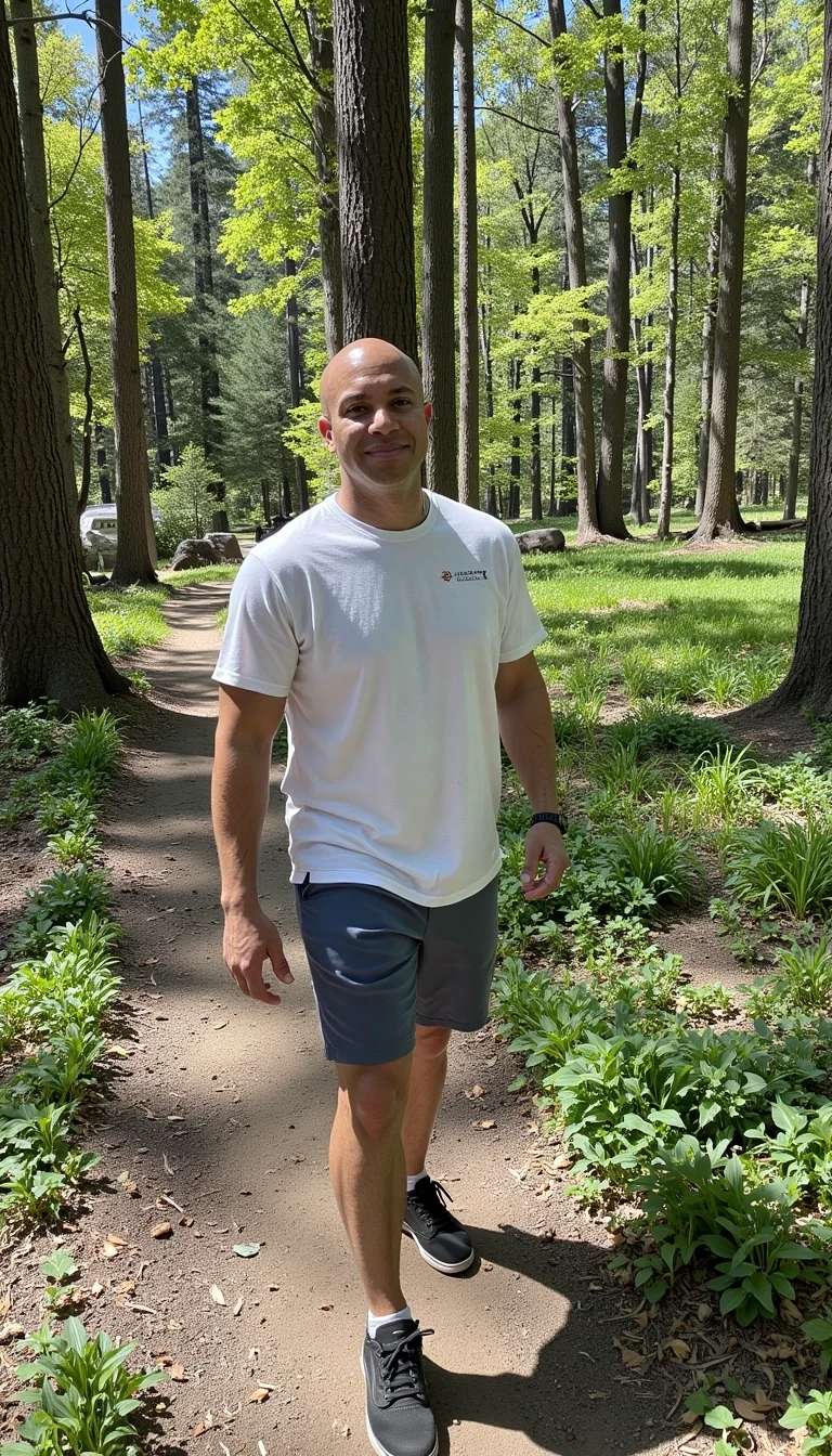 full body, cstmdl, walking in the woods, smiling, bald