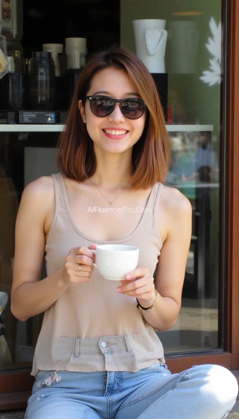 "young Asian woman sitting casually outside of a coffee shop enjoying a cup of coffee on a sunny day. The woman has shoulder-length brown hair, wearing sunglasses, a comfortable see-through tank top, and jeans. The environment feels peaceful and relaxed."