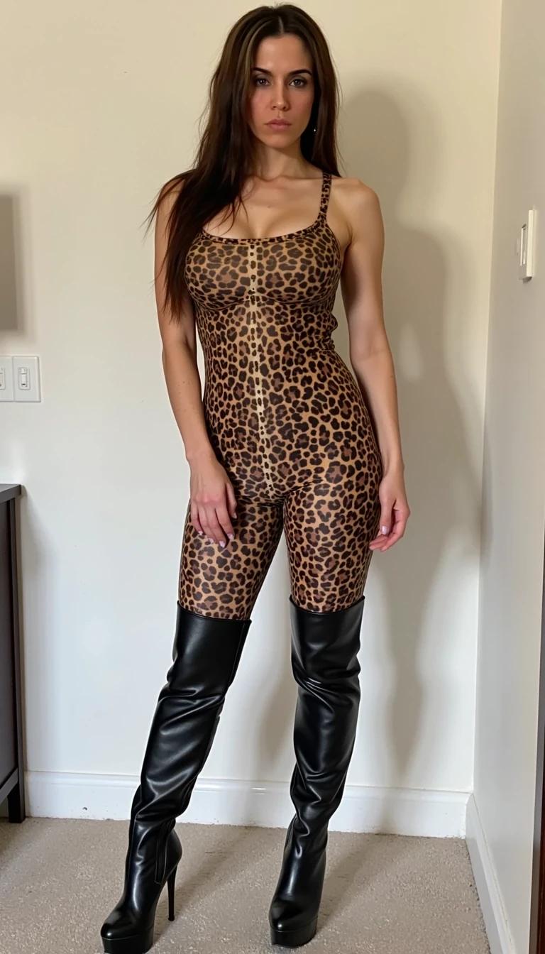 A full body photo of a fit young woman wearing a very tight leopard print jumpsuit and ankle high platform boots with high heels
