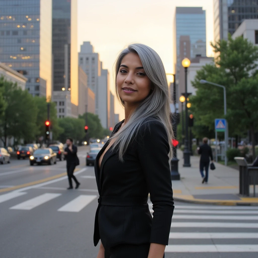 A stunning Indian-Canadian woman, 35 years old, with an hourglass figure and striking gray-colored hair, stands confidently in a bustling modern urban environment. The setting is bathed in the warm hues of golden hour, with light reflecting off the glass skyscrapers in the background. She exudes confidence and elegance, her poise accentuated by the subtle flow of her hair in the evening breeze. The scene captures a blend of metropolitan sophistication and personal strength, with soft cinematic lighting enhancing the details."

