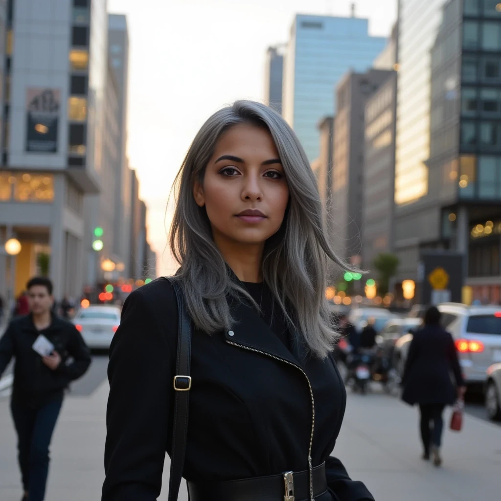 A stunning Indian-Canadian woman, 35 years old, with an hourglass figure and striking gray-colored hair, stands confidently in a bustling modern urban environment. The setting is bathed in the warm hues of golden hour, with light reflecting off the glass skyscrapers in the background. She exudes confidence and elegance, her poise accentuated by the subtle flow of her hair in the evening breeze. The scene captures a blend of metropolitan sophistication and personal strength, with soft cinematic lighting enhancing the details."
