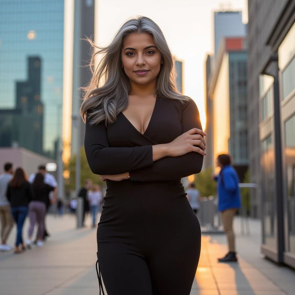 A stunning Indian-Canadian woman, 35 years old, with an hourglass figure and striking gray-colored hair, stands confidently in a bustling modern urban environment. The setting is bathed in the warm hues of golden hour, with light reflecting off the glass skyscrapers in the background. She exudes confidence and elegance, her poise accentuated by the subtle flow of her hair in the evening breeze. The scene captures a blend of metropolitan sophistication and personal strength, with soft cinematic lighting enhancing the details."
