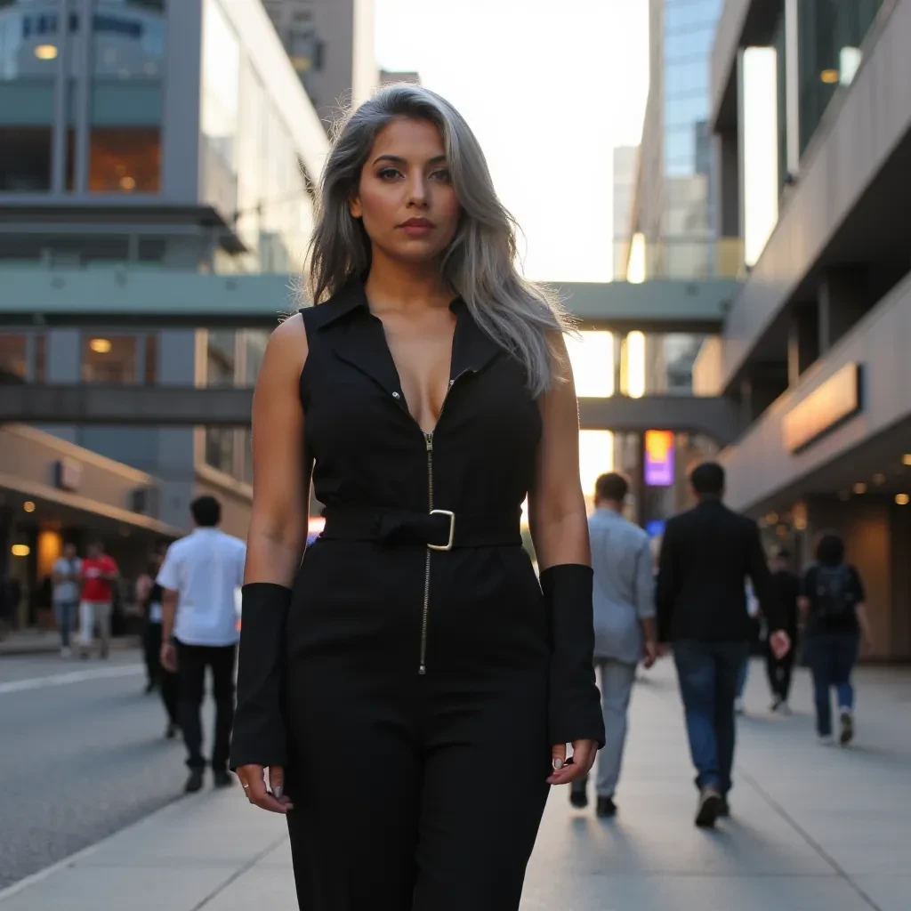 A stunning Indian-Canadian woman, 35 years old, with an hourglass figure and striking gray-colored hair, stands confidently in a bustling modern urban environment. The setting is bathed in the warm hues of golden hour, with light reflecting off the glass skyscrapers in the background. She exudes confidence and elegance, her poise accentuated by the subtle flow of her hair in the evening breeze. The scene captures a blend of metropolitan sophistication and personal strength, with soft cinematic lighting enhancing the details."

