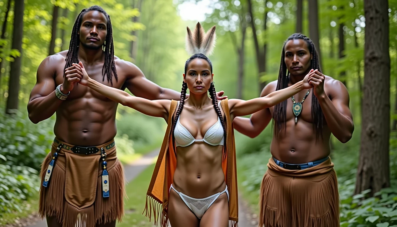 photo of woman CSTMDL, a selfie photo of, a slim woman, her full body is in the scene, she has a slender petite build with petite small boobs and a flat chest, she has small dark skin nipples with long pointy nipple ducts and small dark skinned areolas, her hair is styled with two long braids she has eagle plumes in her hair, she is not wearing earrings, she is wearing daisy duke denim booty shorts, she is wearing a native American style vest in a golden yellow color over top of her underwear, she is holding her vest open exposing her strapless bra, her bra is a strapless white lace bra, she is wearing white lace panties, she is wearing ankle height smoked hide moccasins, natural lighting, natural light, amateur photography, shot on an iPhone, she is spread out like a starfish by two native American giants with her legs spread wide apart in a densely wooded forest, she is maintaining intense eye contact with the camera, two fat giant native American man standing up directly on either side of her holding onto her by her wrists and ankles, the men are holding her up suspended in the air between them, they have a wrist and an ankle in each hand, the men are real giants, public setting, Hyper realism, 16k, uhd, ultra-sharp focus, perfect meshes and textures, highly detailed, highly accurate reflections, natural lighting, natural light, amateur photography,