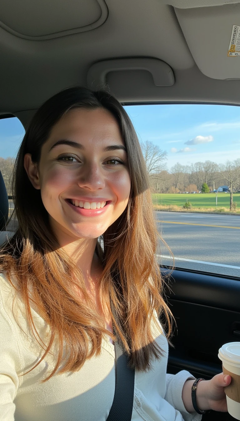 boring low quality snapchat photo circa 2015, A young woman with a warm smile, sitting in the driver's seat of a cozy car. She has soft, wavy brown hair cascading past her shoulders. The sunlight streams through the window, casting a gentle glow on her face. The interior of the car is neat and comfortable, with a coffee cup in the cup holder and a small plant on the dashboard. The background outside the window shows a scenic road lined with trees and blue skies