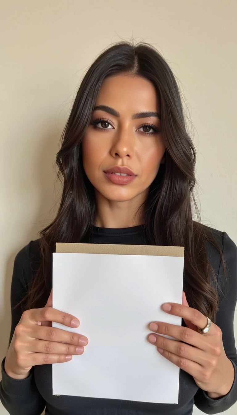 photo of woman CSTMDL, holding a piece of white paper, wall background, natural lighting, boring low quality snapchat photo circa 2015, selfie, cute woman, long sleeve clothes, full upper body photo