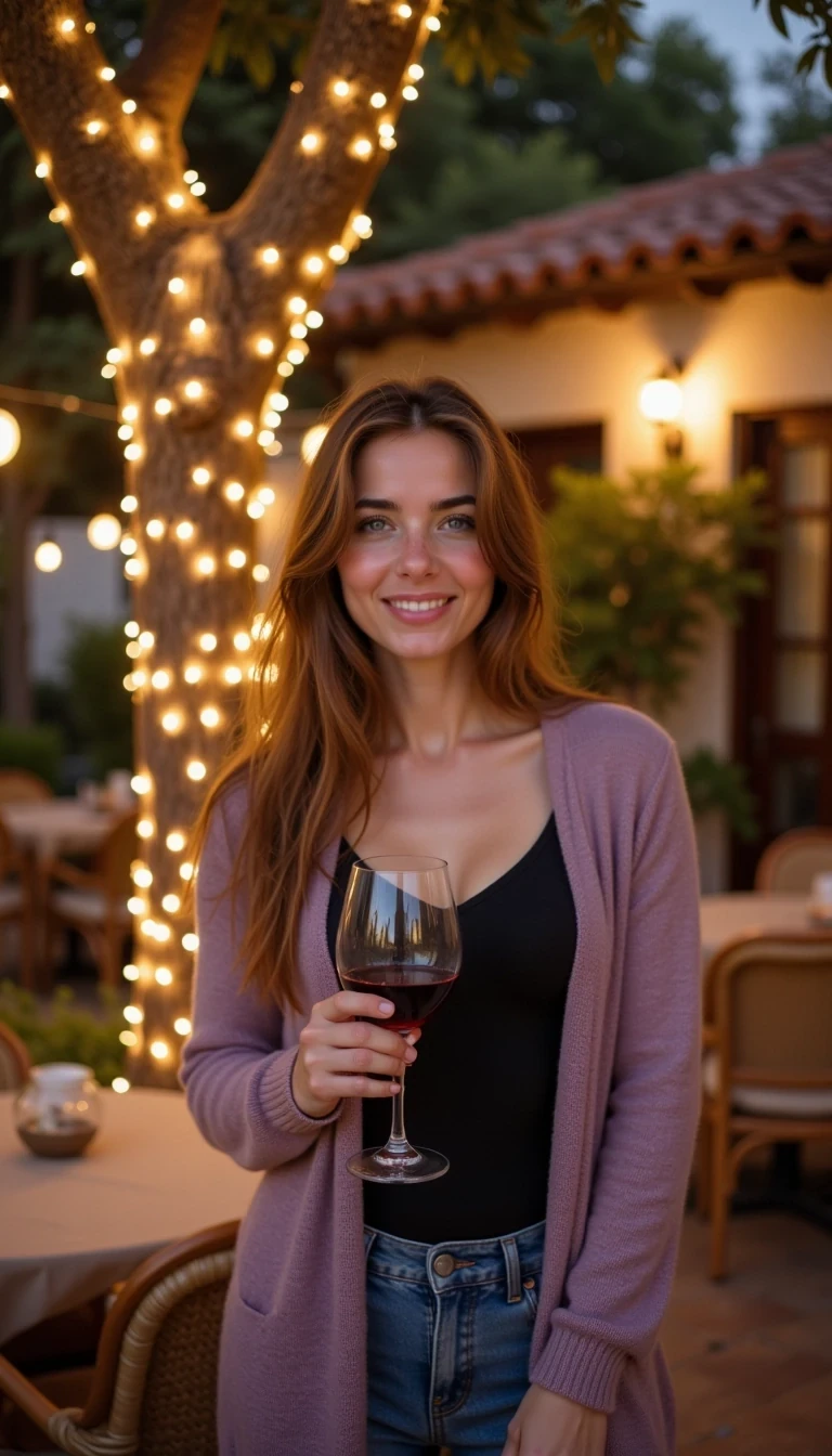 A full body shot photo of a CSTMDL standing outdoors at a cozy, warmly lit patio in the evening, with soft, glowing lights wrapped around a tree behind them creating a charming atmosphere. The image is rich in detail, with warm tones and clear textures throughout. The woman has fair skin, a slim build, and long reddish-blonde hair, also worn loose. She is smiling warmly at the camera, holding a glass of red wine in her right hand, and wears a soft-textured lavender cardigan over a black top. The background features a large tree with sparkling string lights wrapped around its trunk and branches, adding a magical touch to the scene. The setting suggests a private outdoor seating area, with elements like terracotta-tiled roofing, greenery, and rattan chairs contributing to a serene, inviting vibe. The overall composition is balanced, with the woman framed against the softly glowing tree, and the lighting enhances the warm, intimate feel of a quiet evening shared among friends. The details are vivid, with textures of clothing, skin, and background elements clearly visible, while the warm lighting creates a relaxed and joyful mood