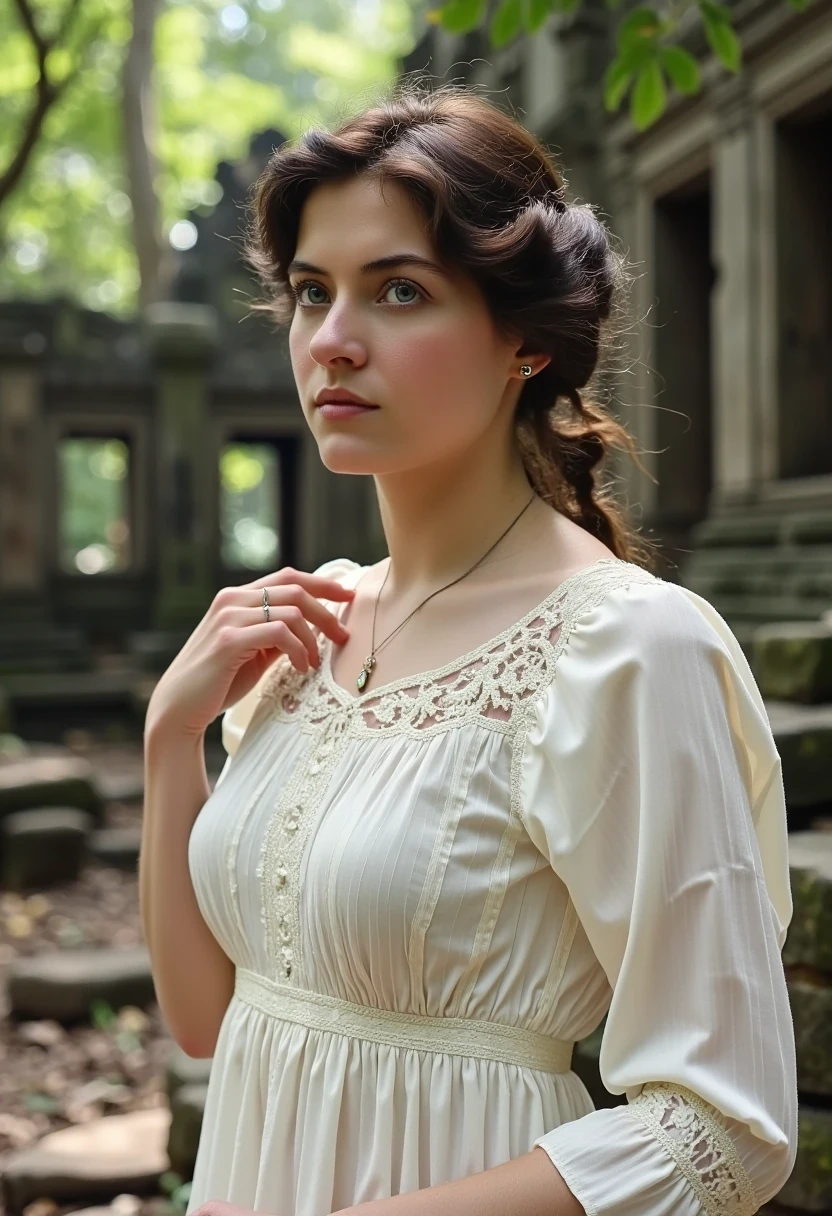 Medium shot of woman CSTMDL, brunette, small pendant, no watch, no ring, hair tied, blue eyes, vintage early 1900 white dress. Her dress is pride and covering her shoulders and most of her body.
She’s working as an archaeologist at Angkor temple. Khmer ruins in the jungle are in the background 