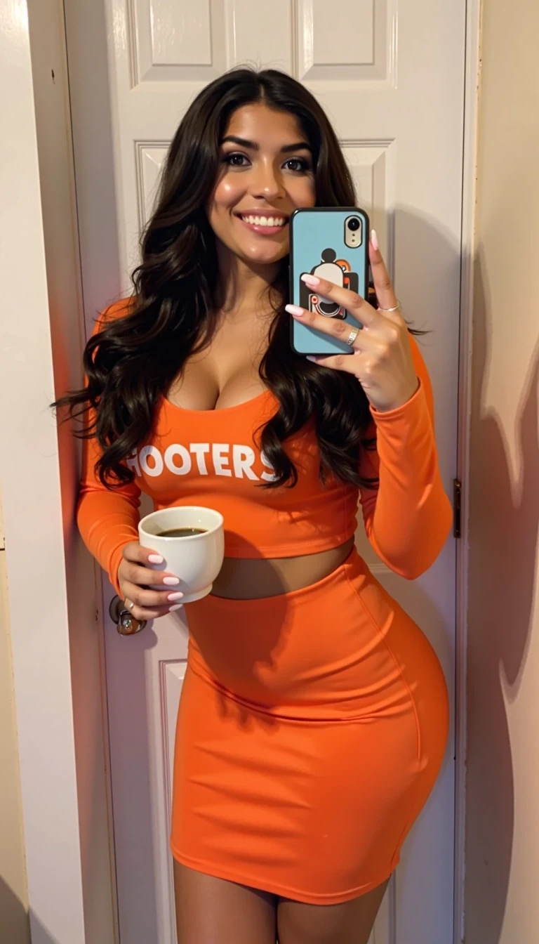photo of woman CSTMDL, she should be wearing a hooters uniform,she should be smiling