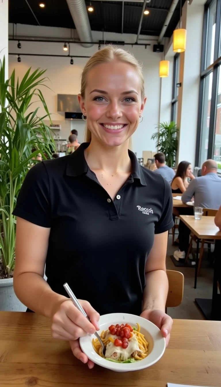 CSTMDL, Hailey, photorealistic portrait of a young woman in her early 20s with fair porcelain skin, smooth complexion, subtle natural makeup with soft pink lips and light eyeliner, straight blonde hair tied back in a neat ponytail, bright blue eyes sparkling with warmth, friendly genuine smile revealing straight white teeth, confident and approachable demeanor, gazing directly at the viewer with engaging eye contact; she is wearing a fitted black short-sleeved polo shirt with a small embroidered logo on the chest reading "Rocco's Tacos" in white lettering, tucked into slim black pants, no visible accessories; She is working as a waitress. she is holding a note pad and writing on it. she is in front of a table taking the order. There is a couple at the table; set in a modern upscale cafe interior with high ceilings, large floor-to-ceiling windows allowing soft diffused natural daylight to flood in from the right side, creating gentle highlights and soft shadows on her face and clothing, warm ambient hanging pendant lights with golden glow in the background; background details include a tall green potted plant with broad leaves to the left, patrons seated at wooden tables including a man in a beige shirt facing away, another in gray chatting, and a woman in a black tank top with long brown hair; dominant colors are neutral blacks and grays with pops of green foliage, warm wood tones, and red accents from the food; overall welcoming and lively casual dining atmosphere, evoking freshness and hospitality; composition is a medium close-up shot from a slight low angle to emphasize approachability, framed centrally with balanced symmetry, captured with a Canon EOS 5D Mark IV camera using a 50mm prime lens at f/2.8 aperture for shallow depth of field, ISO 100 for crisp details, natural window lighting supplemented by soft indoor LEDs at 4000K color temperature, hyper-realistic textures like the soft cotton weave of the polo shirt, and smooth skin pores; ultra-detailed, hyperrealism, photorealistic rendering indistinguishable from a high-resolution photograph, 8k resolution, sharp focus on the woman and plate with bokeh background.