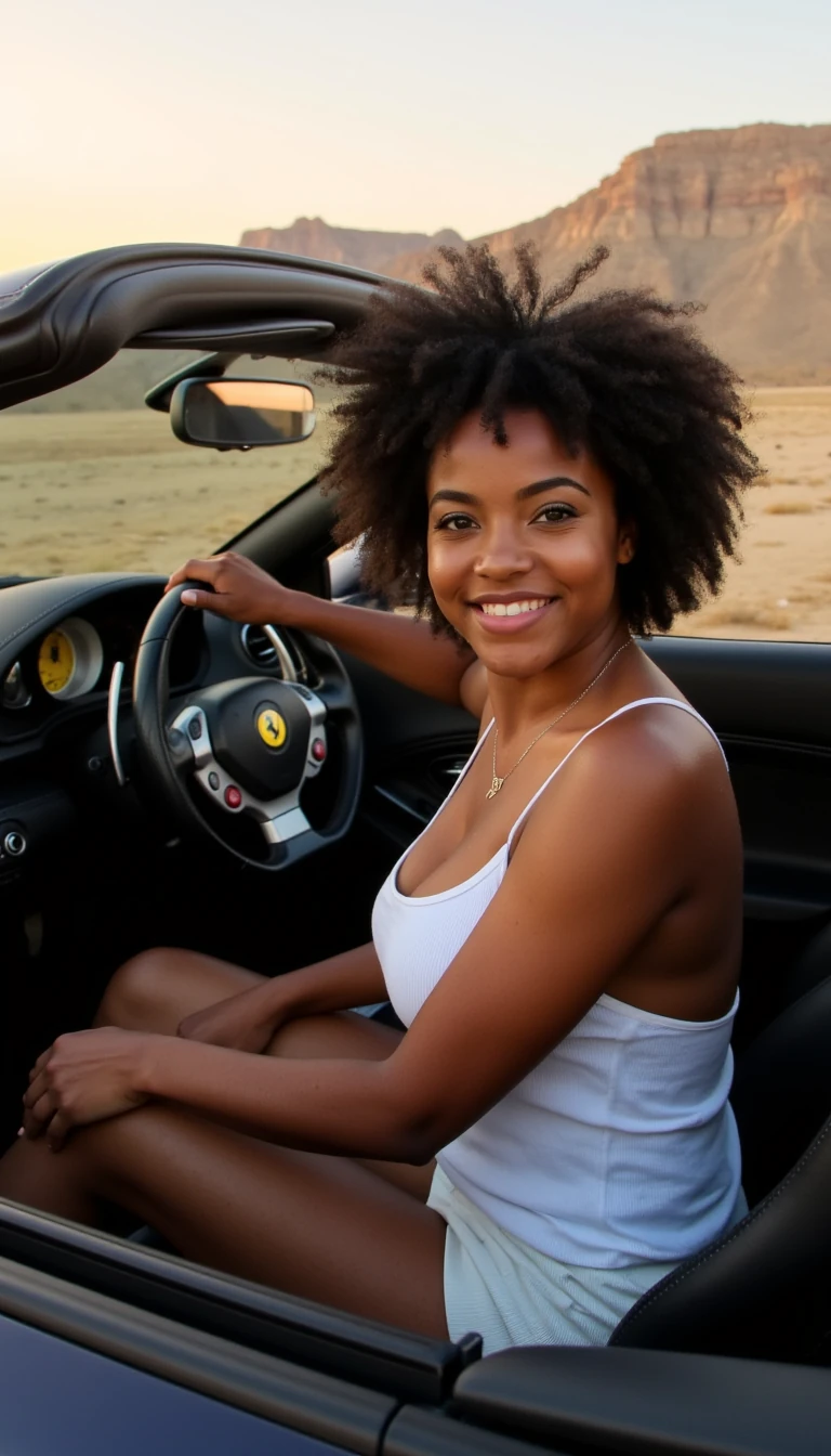 A full body shot photo of a 20 year old brown skinned black girl with green eyes sitting in the driver's seat in a convertible Ferarri dressed in a white tank top with plump breast.   She's smiling ready for a fast drive into the sunset