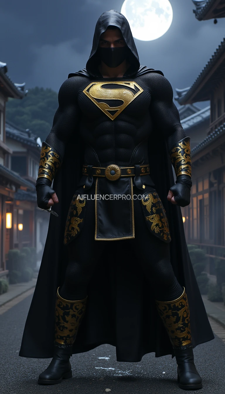 Superman in a ninja appearance, wearing a black costume with intricate golden embroidery inspired by Japanese designs on the arms and chest, featuring his iconic 'S' emblem prominently displayed on the chest in gold. His cape is short and seamlessly integrated into the costume, designed for stealth. Superman is in a striking pose, knees slightly bent, one hand holding a short ninja-style sword, and the other forming a clenched fist ready to strike. The background features a traditional Japanese village at night with a full moon and thin mist, creating a mysterious and dramatic atmosphere.