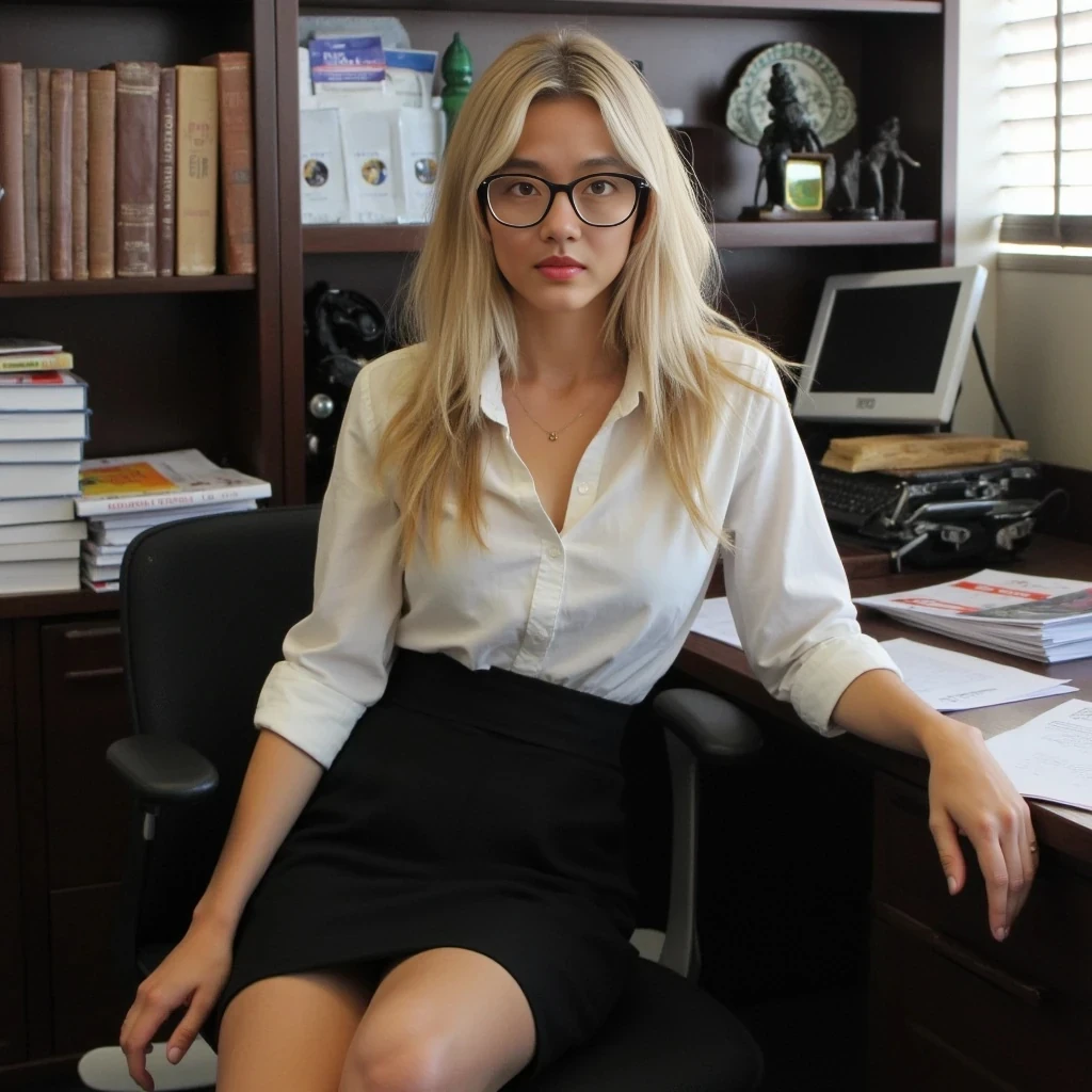 USE OUR MODEL SYDNEY. Young intelligent blonde woman in a tight blouse and pencil skirt, seated at a desk with books and papers, wearing glasses, suggestive eye contact, campus office setting, seductive academic aesthetic. USE OUR MODEL SYDNEY.