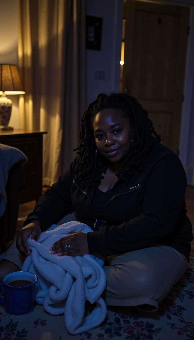 photo of woman CSTMDL, Prompt: Exhausted mom in a dimly lit room, sitting on the floor folding laundry, child asleep next to her. She’s still in work clothes, locs slightly frizzed, but her eyes are calm. Her face glows in the soft lamp light. A cup of tea nearby, her expression is one of quiet victory.

Mood: Resilience. Softness in survival.
Color tone: Deep blues, warm yellow lamp light.
Style: Realistic with emotional depth.

