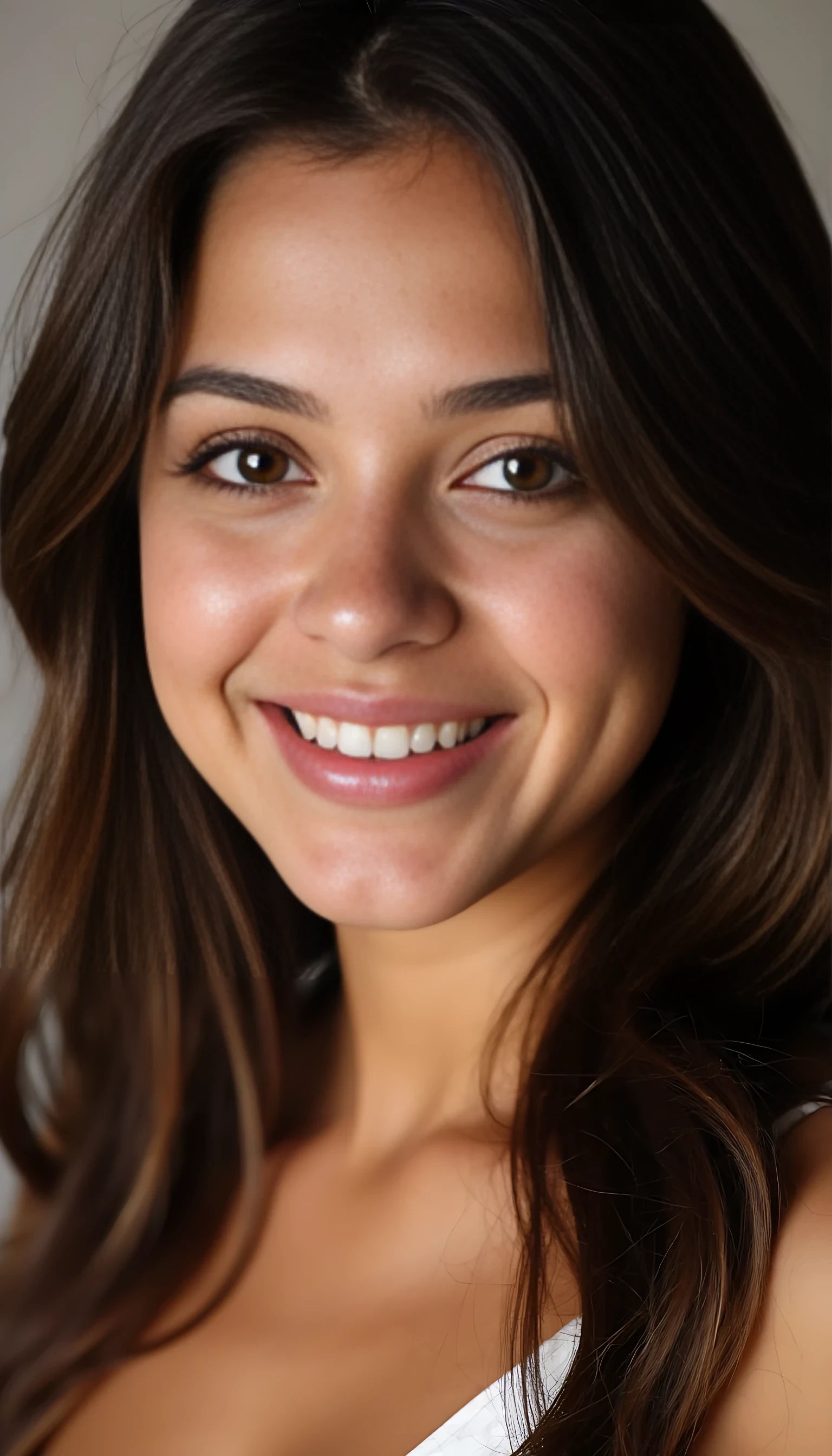 A studio-quality portrait photo full face of a beautiful 21 years old model, mixed ethnicity of half white American half Brazilian, with brunette hair, ultra detailed eyes with sharp iris reflections, slight smile