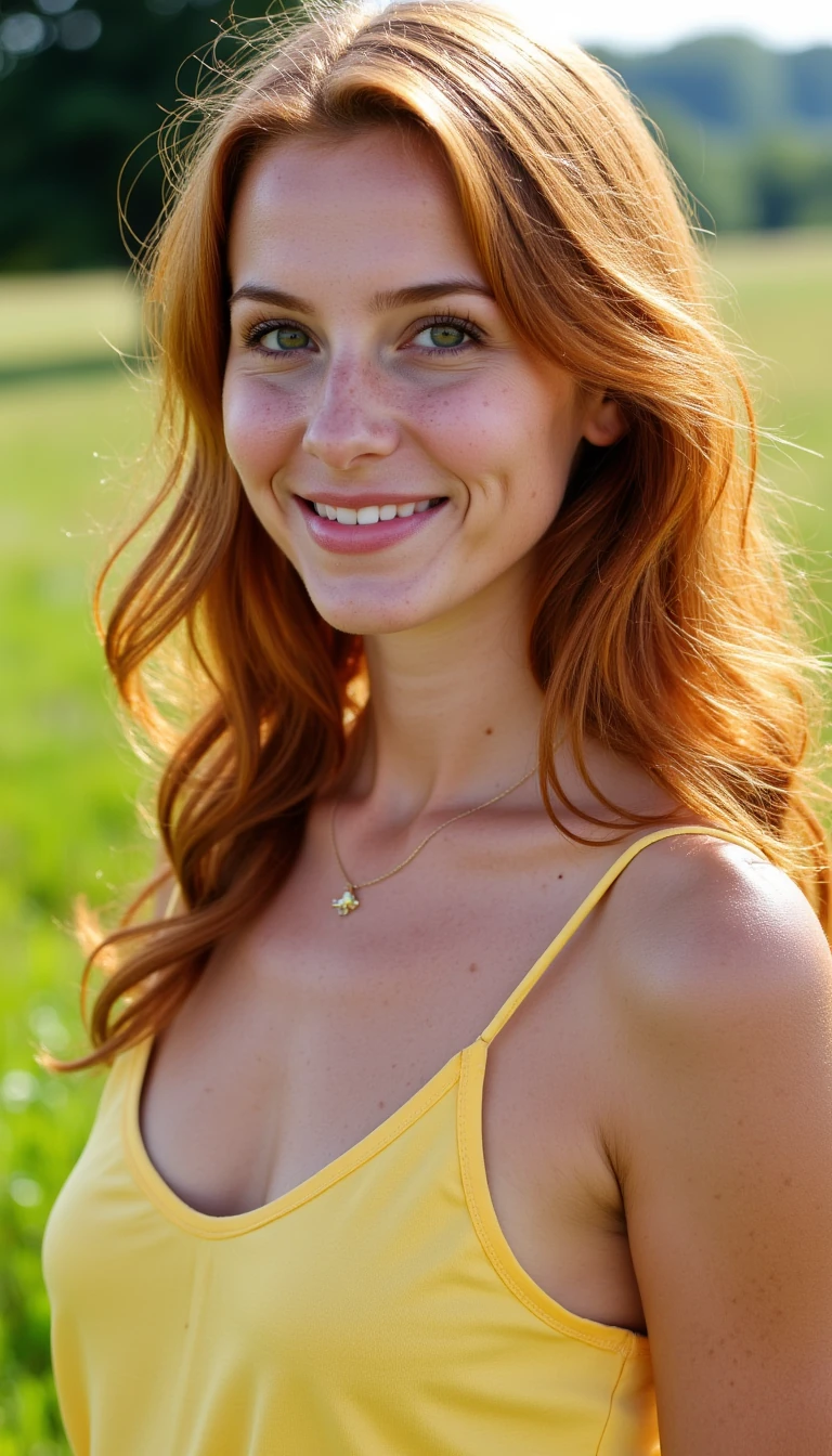 Create a photo of a 21-year-old woman with soft freckled skin, almond-shaped green eyes, and long wavy ginger hair. She is 5'8" tall and 140 pounds. Fit but not tone. Natural B cup breasts, gentle freckles on her chest. Pale skin. She has a natural, confident smile, subtle makeup with dewy foundation and very light pink lip gloss, and wears a yellow sundress. The scene is a sunny grassy field with soft natural lighting and a tree in the background. The image should have hyper-realistic skin texture and detailed shadows.”