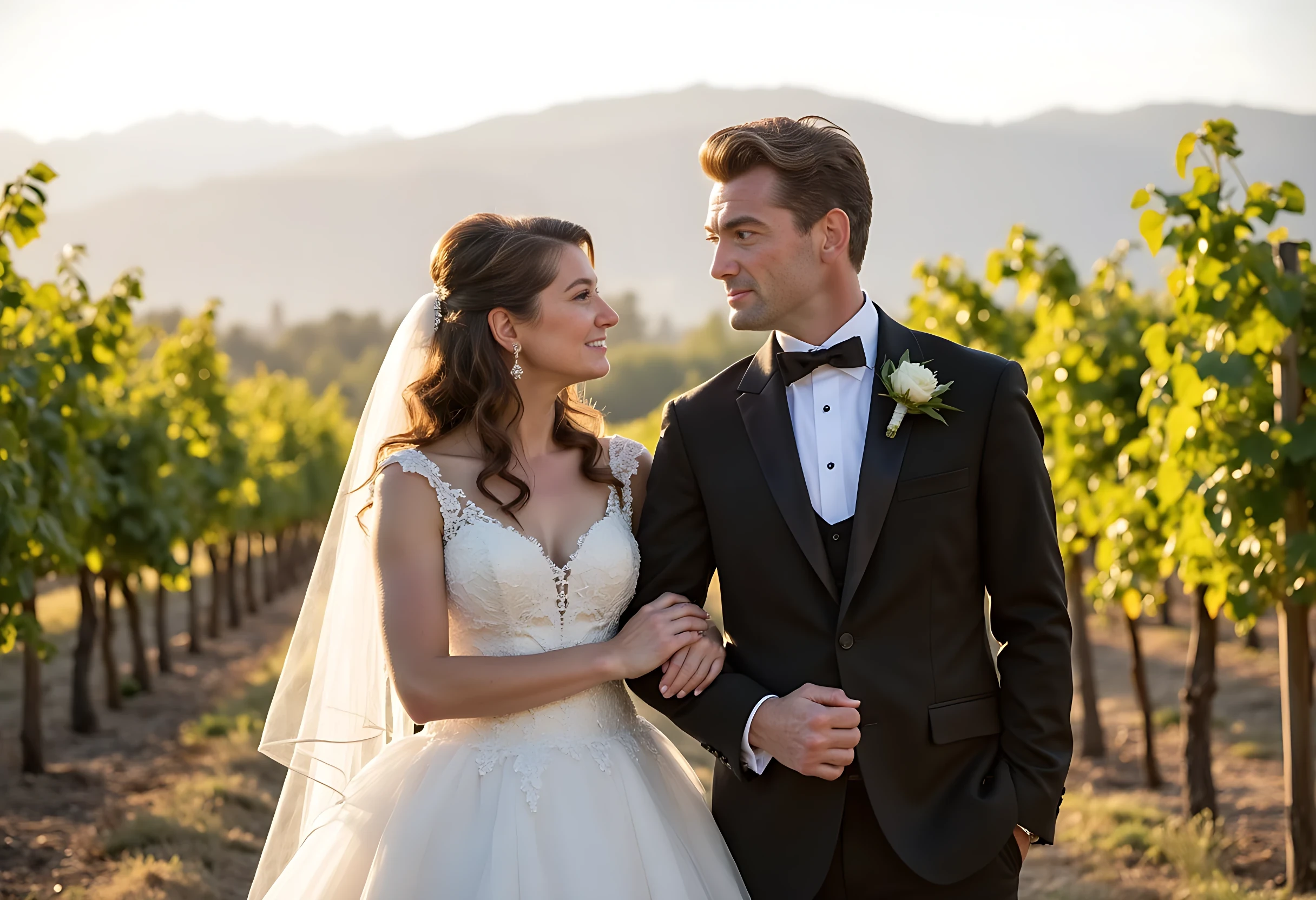 photo of young man CSTMDL. Smiling, short brunette hair. Wears a tuxedo with a beautiful young french brunette girl in a white wedding dress. Scene is in the middle of a wineyard