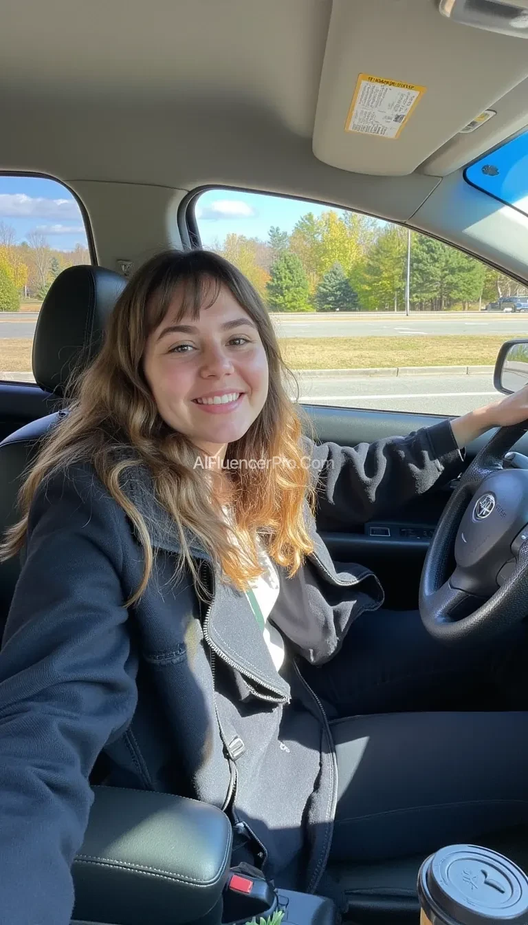 boring low quality snapchat photo circa 2015, A young woman with a warm smile, sitting in the driver's seat of a cozy car. She has soft, wavy brown hair  with bangs cascading past her shoulders. The sunlight streams through the window, casting a gentle glow on her face. The interior of the car is neat and comfortable, with a coffee cup in the cup holder and a small plant on the dashboard. The background outside the window shows a scenic road lined with trees and blue skies